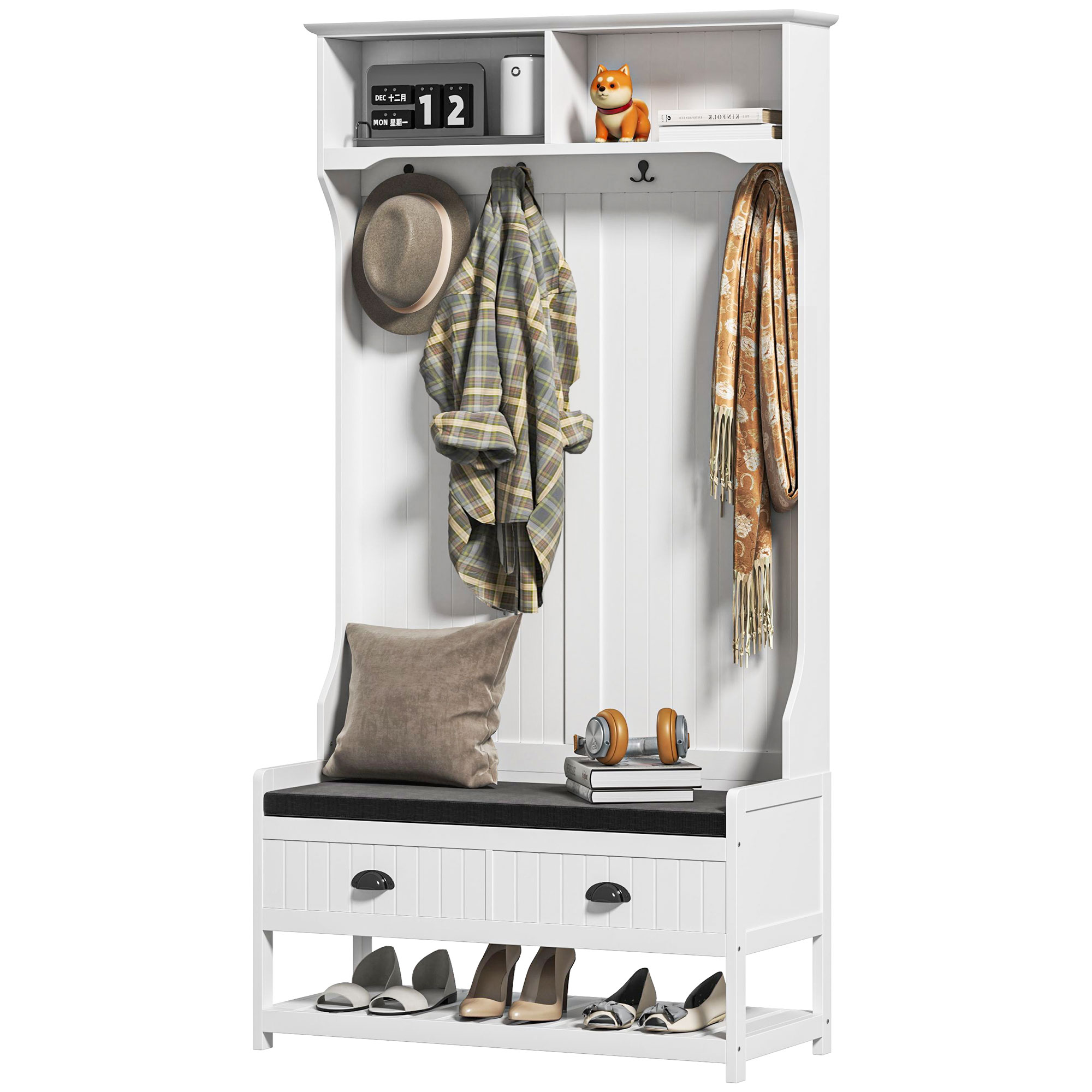 HOMCOM Kapstok met Haken, Garderobe met Schoenenbank, voor Entree, Hal, Metaal, MDF, Wit+Grijs