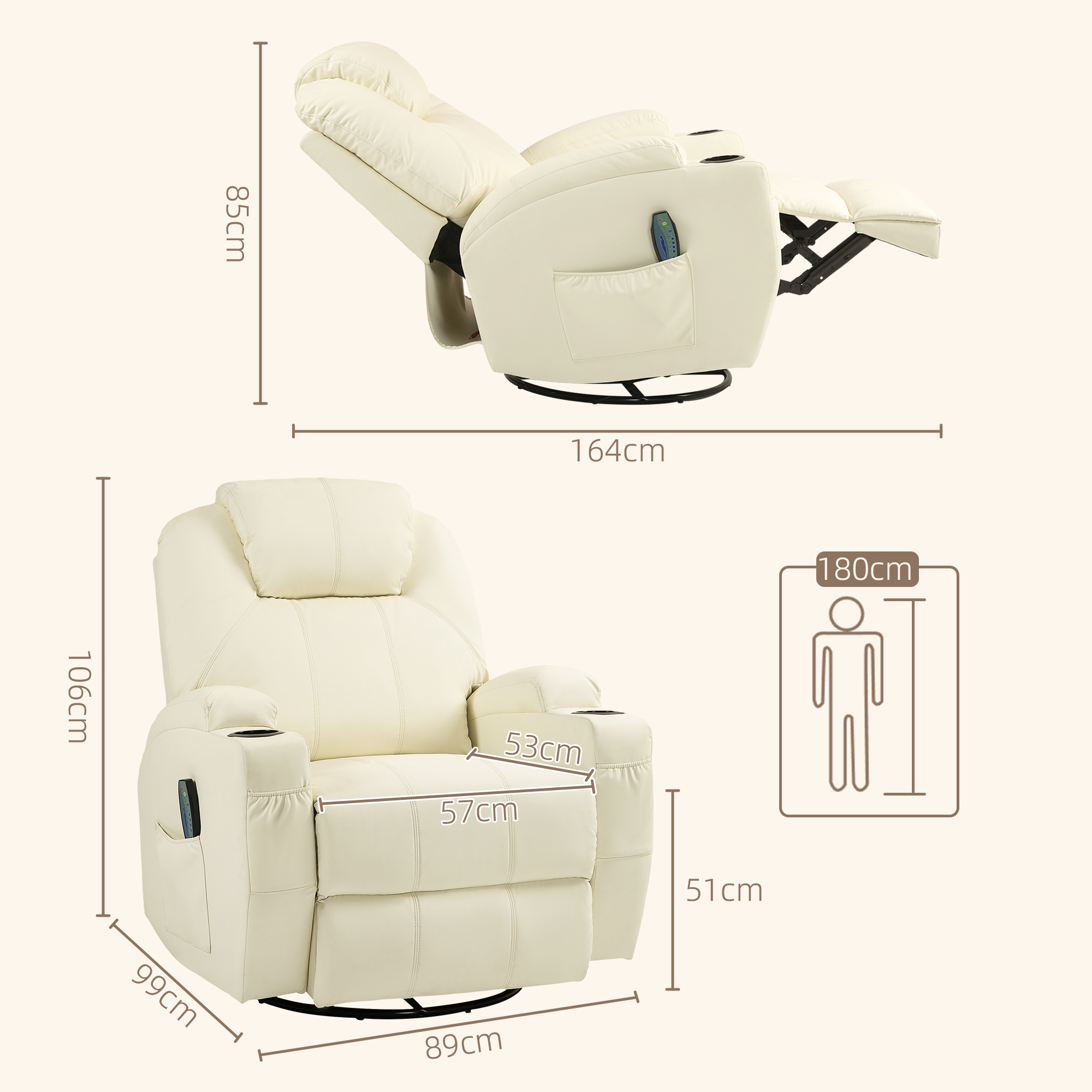 HOMCOM Relaxfauteuil met Massagefunctie, Kantelbare Rugleuning, Draaibaar, tot 150 kg, Kunstleer, Crèmewit