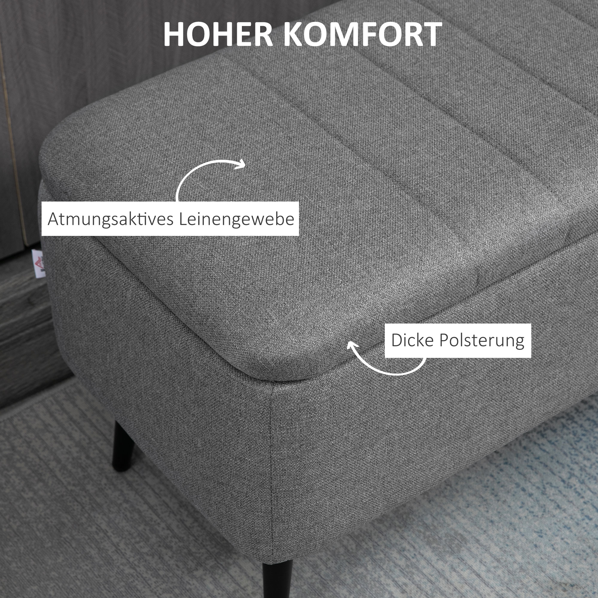 HOMCOM Zitbank met Opbergruimte, Gestoffeerde Bank met Linnenlook, Opbergbank met Stalen Poten 102 x 40 x 44 cm, Grijs