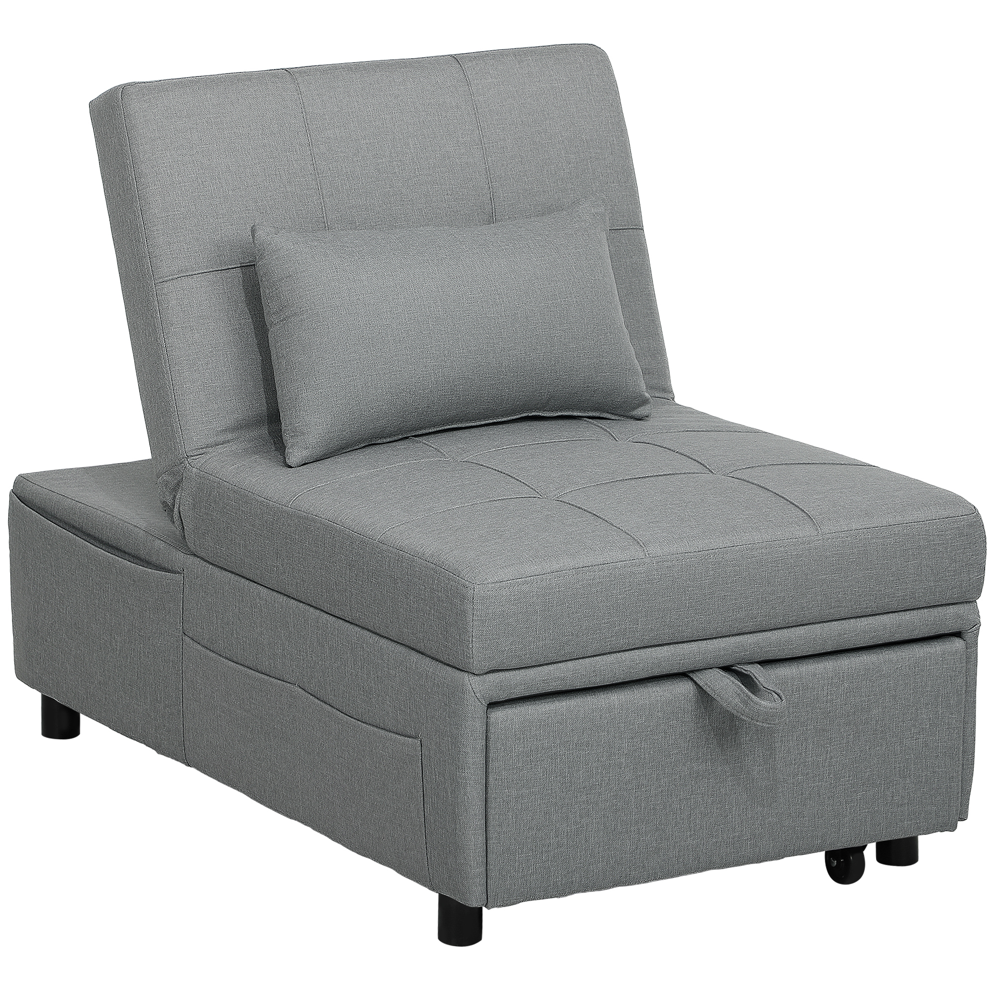 HOMCOM 3-in-1 Opklapbare Fauteuil met Zijvak, Gastenbed met Kussen, Verstelbare Rugleuning, Slaapstoel met Wielen, Lichtgrijs