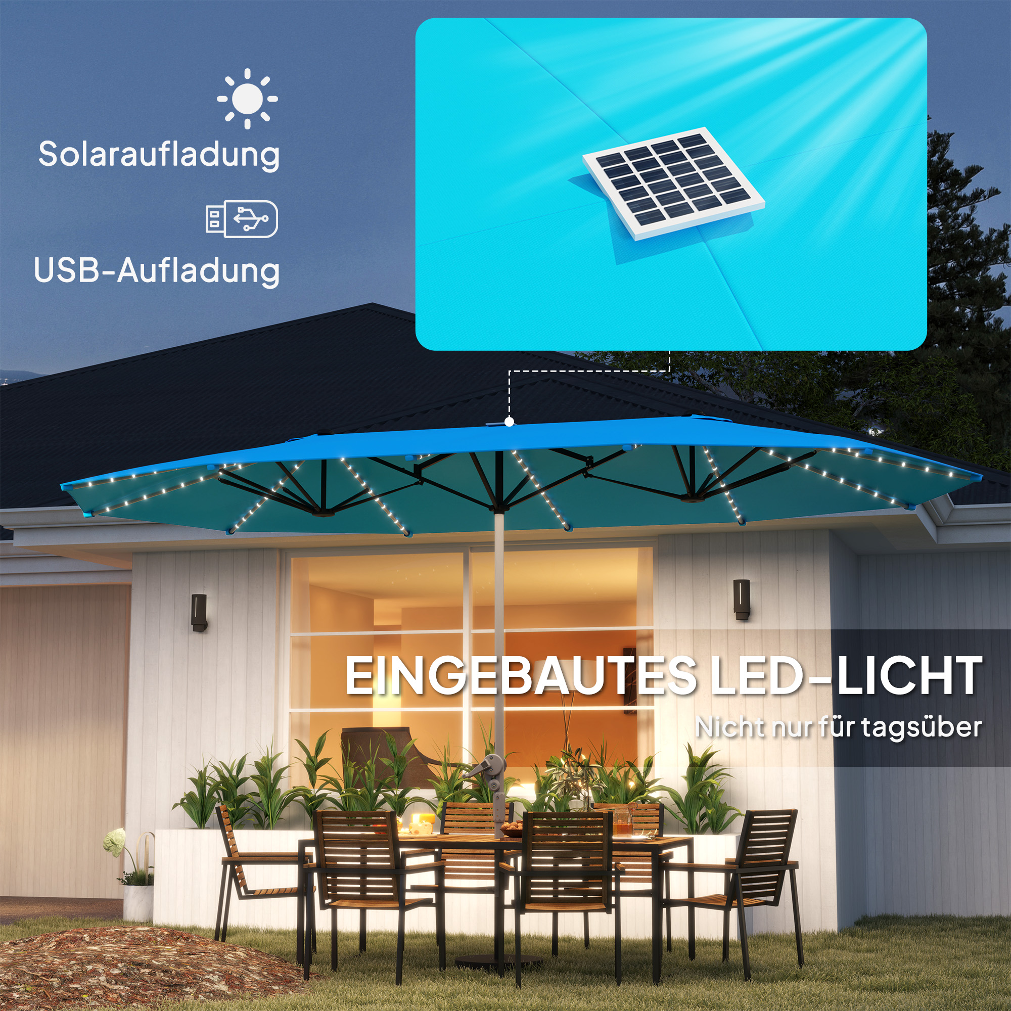 Outsunny Dubbele Parasol met Zonne-energie Verlichting, Aluminium, Polyester, UPF50+ Bescherming, UV-bestendig, Terrasparasol, Blauw