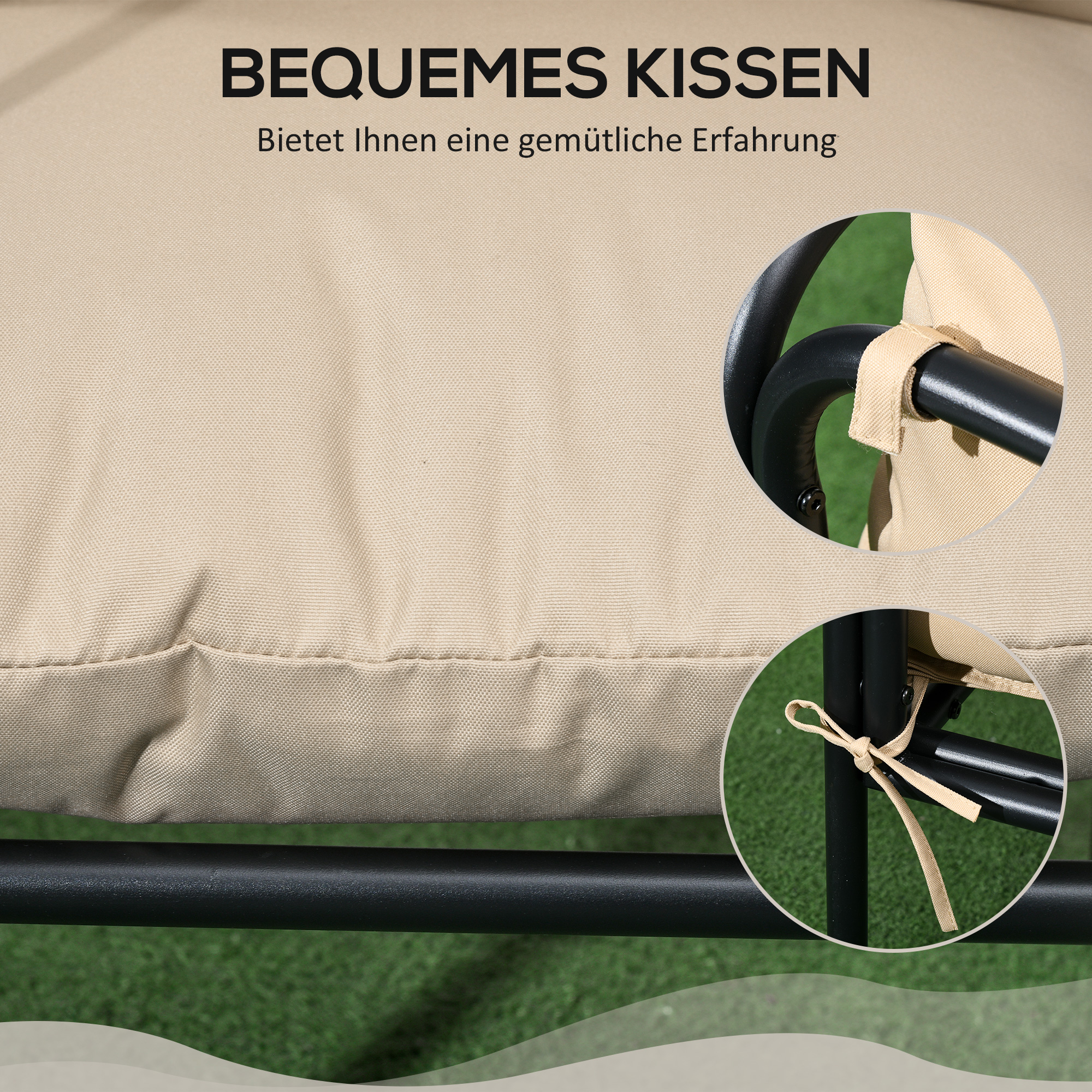 Outsunny Tuinset, 3-delig, 2 stoelen, tafel met glazen blad, zitkussen, metalen frame, beige