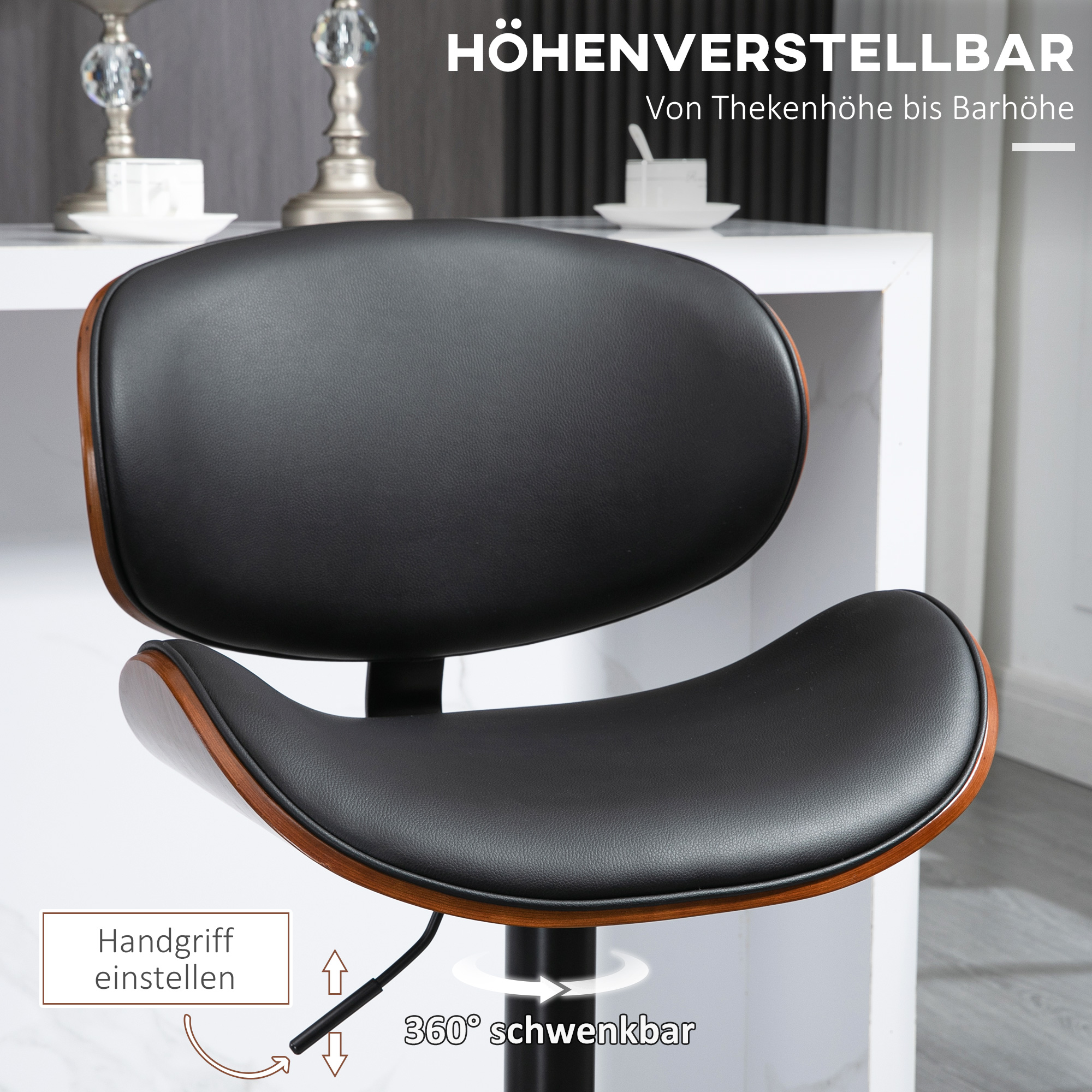 HOMCOM barkrukset, in hoogte verstelbaar, draaibaar, kunstleer, stalen frame, zwart, 53 x 50,5 x 112,5 cm
