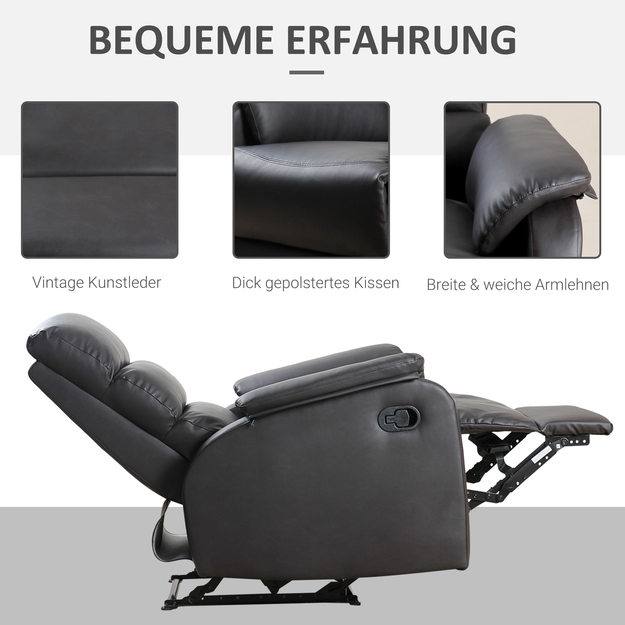 HOMCOM relaxstoel tv stoel bank stoel ligstoel verstelbaar ergonomisch kunstleer staal bruin + zwart 75 x 92 x 99 cm