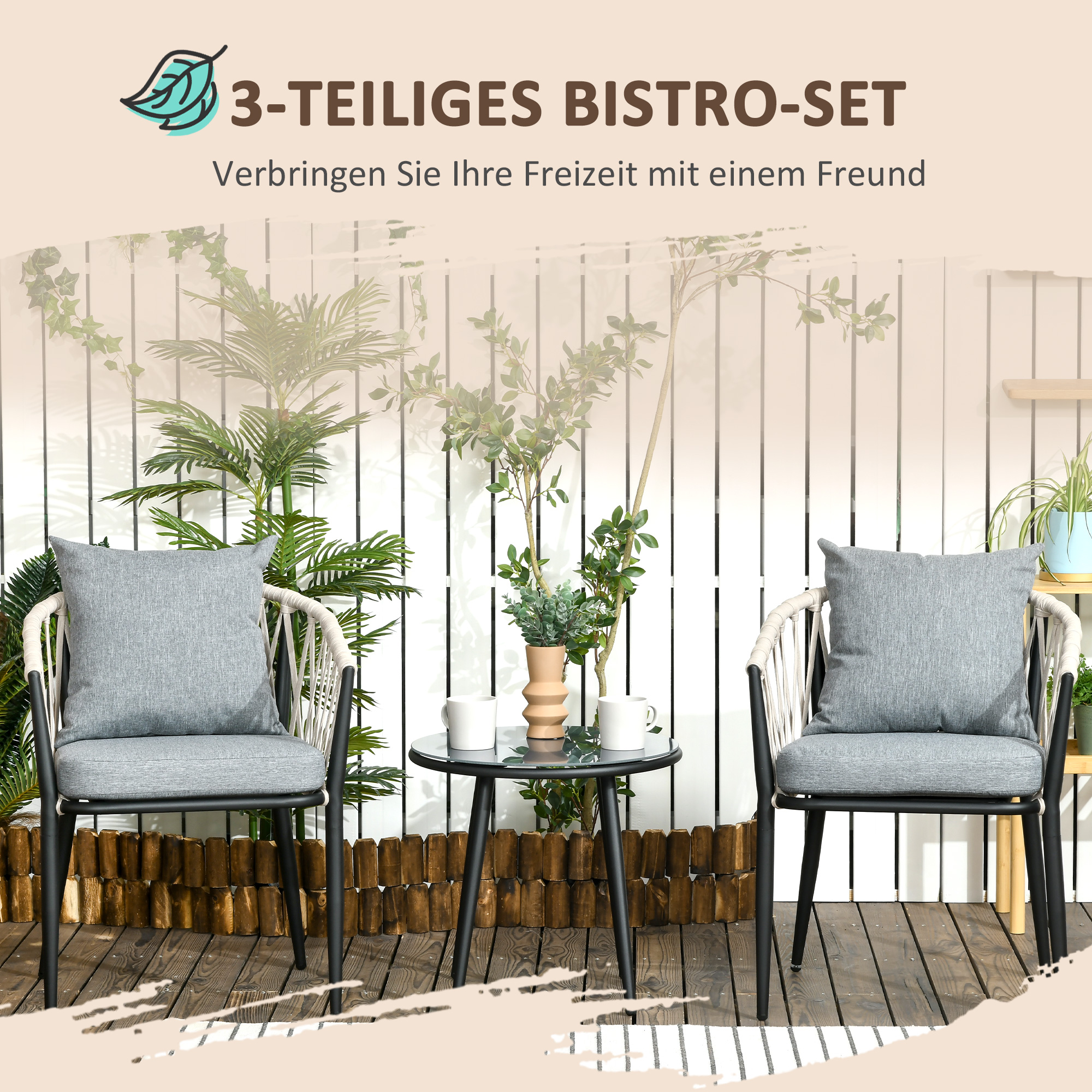 Outsunny 3 delen Tuinmeubelset, balkonset incl. 1 tafel, 2 stoelen staal, grijs