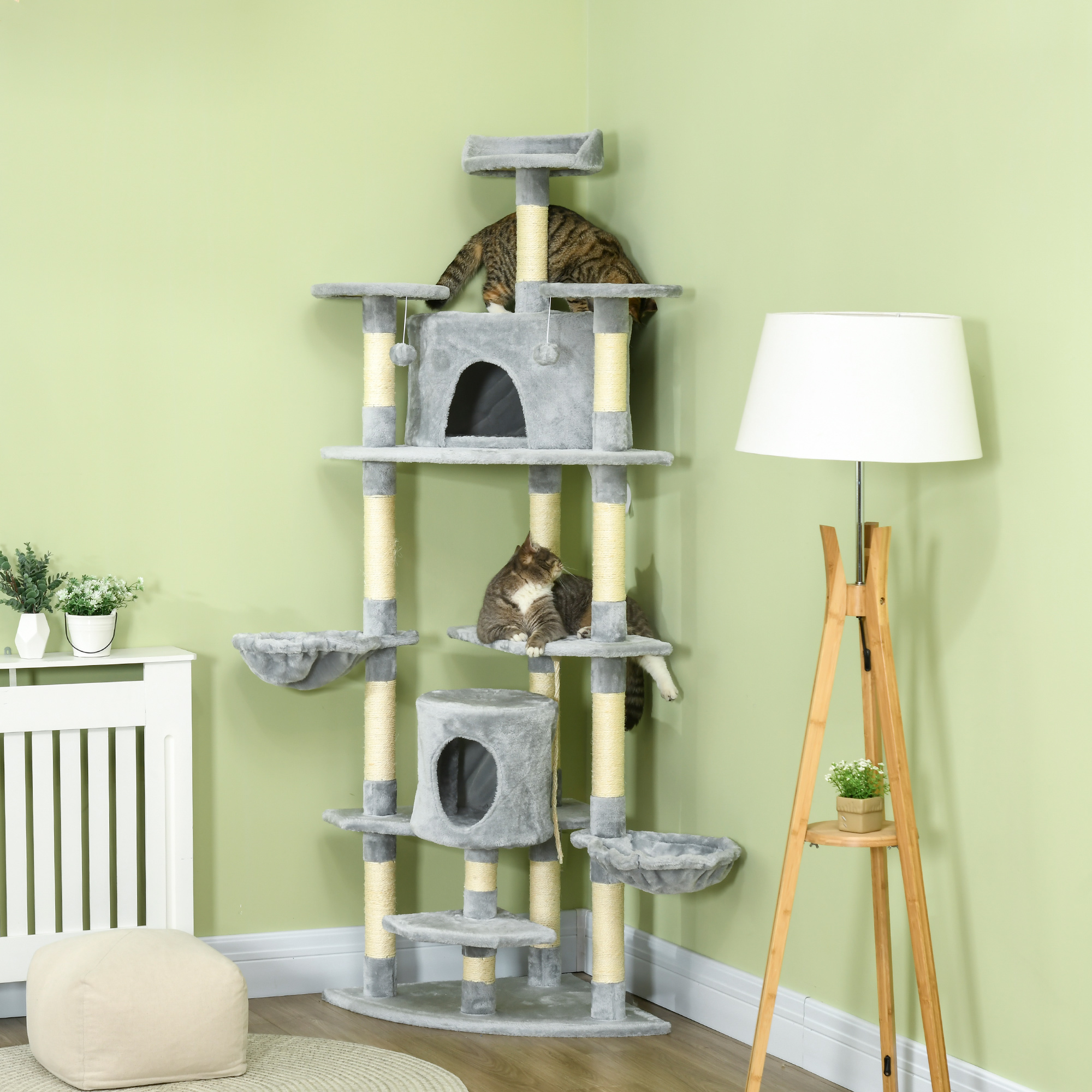 PawHut Krabpaal met 2 Hangmatten en 2 Kattenholen, Inclusief Speelgoed, Pluche en Sisaltouw - Lichtgrijs