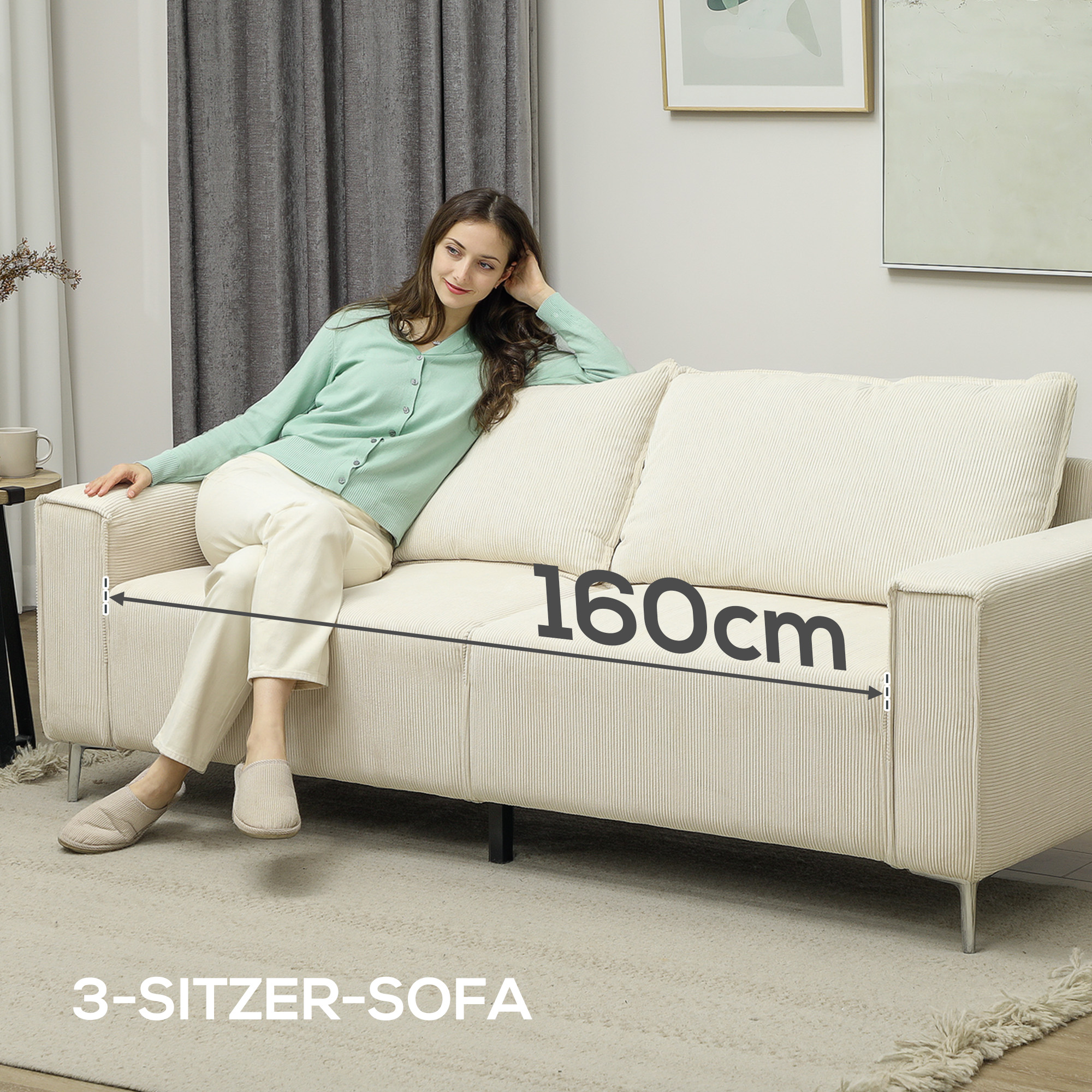 HOMCOM Modern 3-zits bank, Zachte bank met rugkussens, Gepolsterde sofa voor woonkamer, slaapkamer, thuiskantoor, Crèmewit