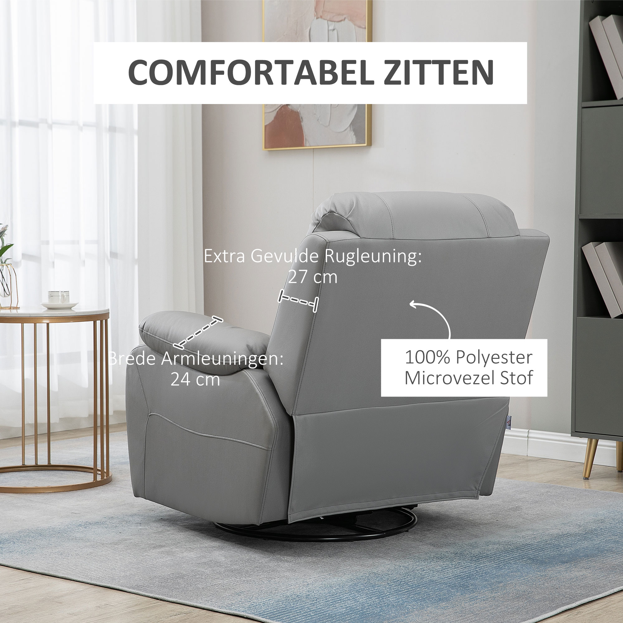 HOMCOM relaxfauteuil, verstelbare rugleuning, draaibaar, tuimelfunctie, met voetsteun, staal, grijs, 93 x 100 x 98 Hcm