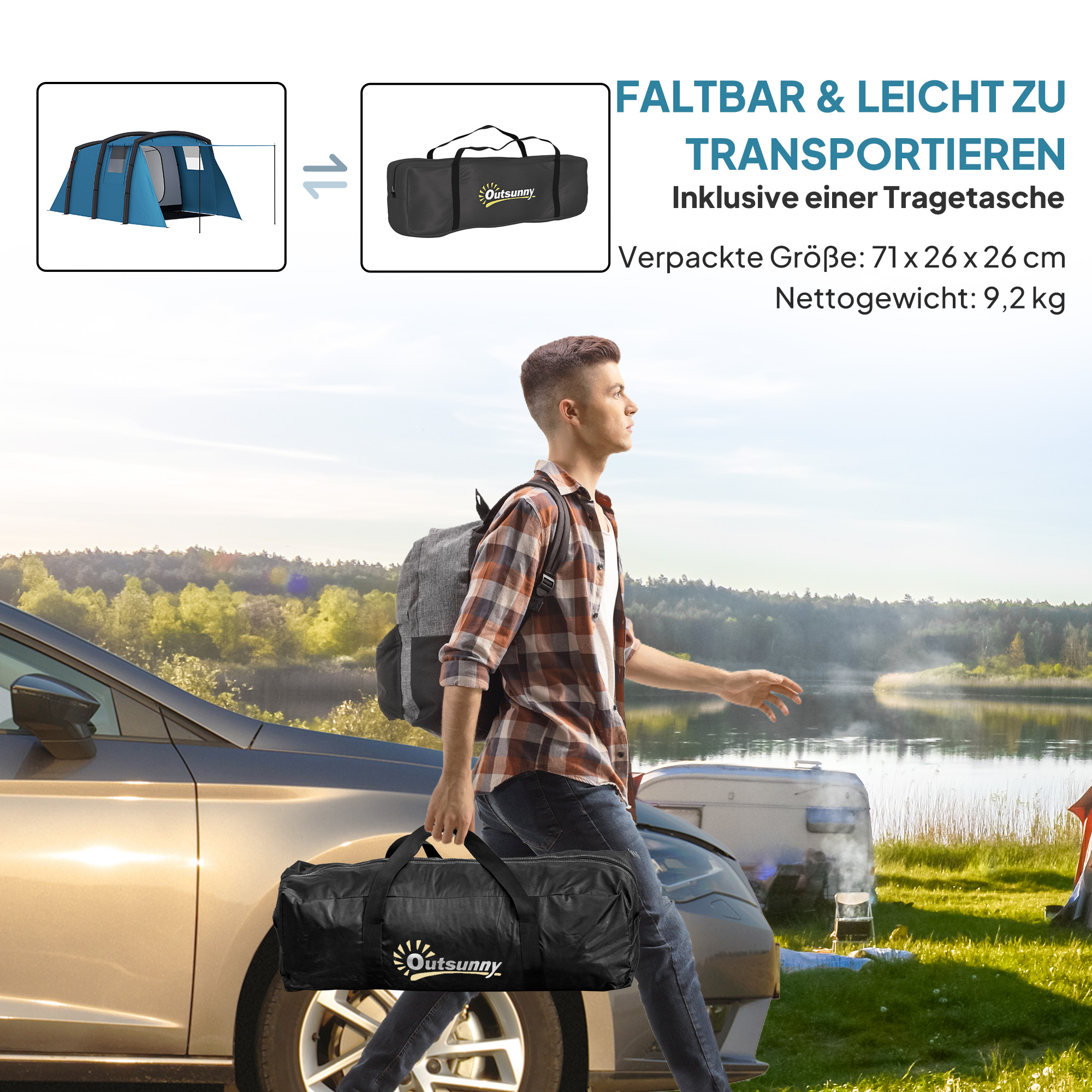 Outsunny Opblaasbare Campingtent 3-6 Personen Outdoor Tunneltent met Zijramen Deur Luchtsteunen 4,4 x 2,8 x 1,95 m Blauw