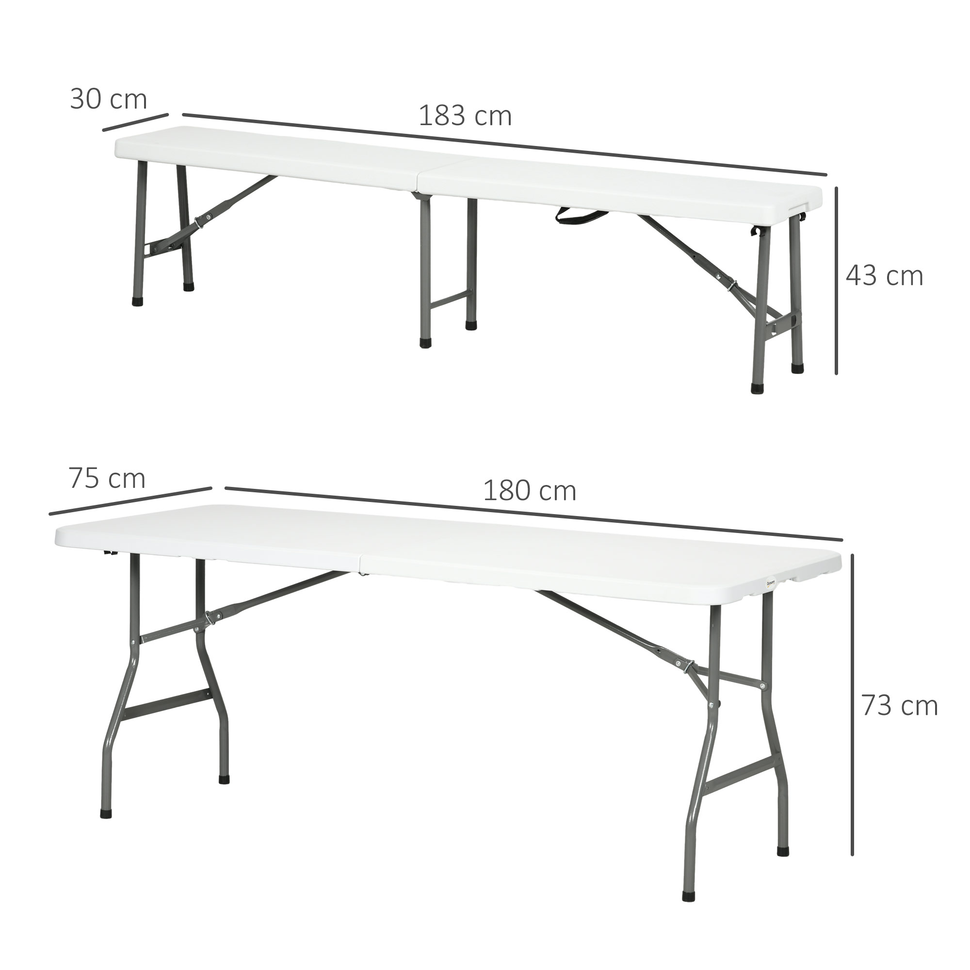 Outsunny Biertafelset voor 6 personen, 3-delig, inklapbaar, lichtgewicht, weerbestendig, stalen frame, wit