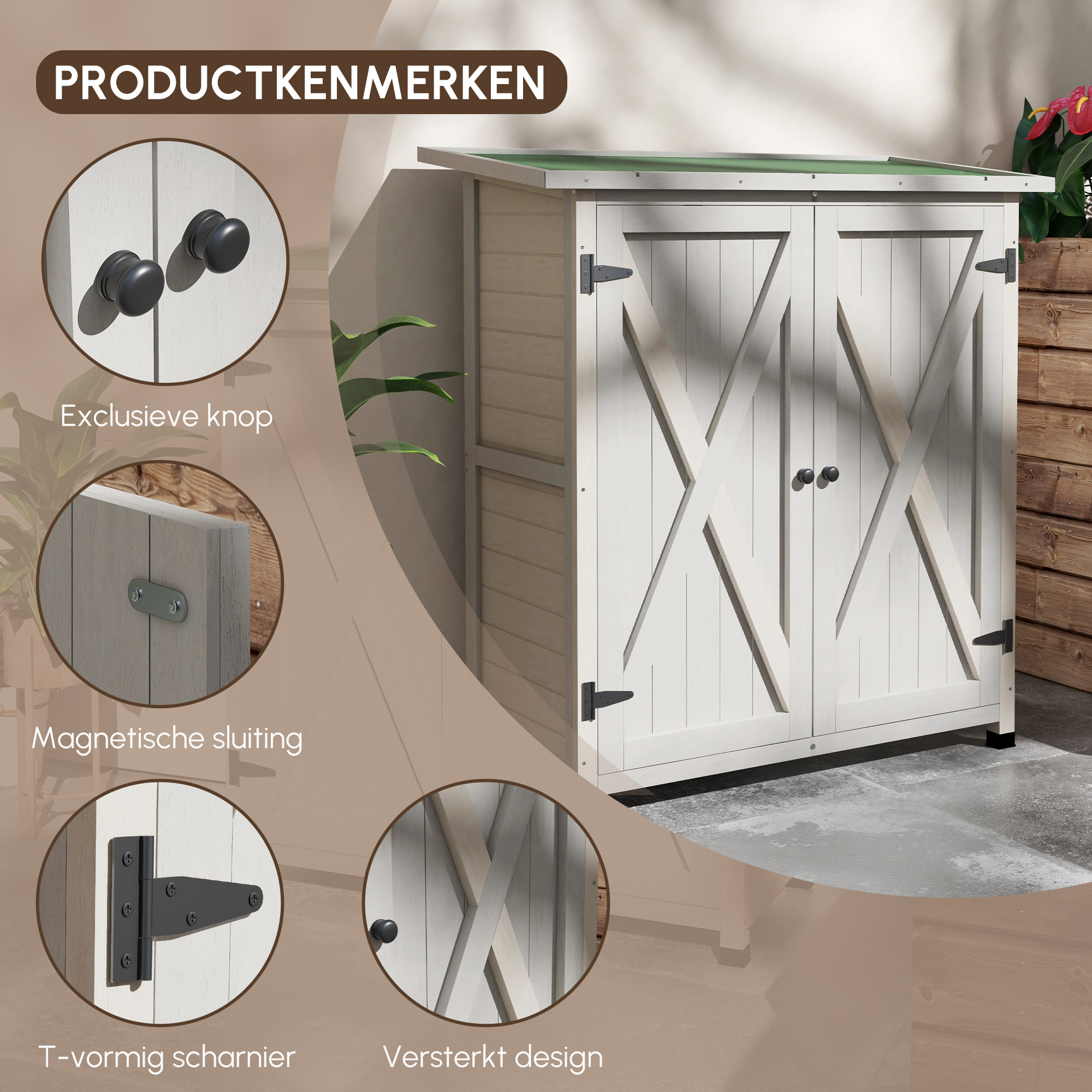 Outsunny Houten Opbergkast met 2 Deuren, Tuinschuur met Asfaltdak, 110 x 55 x 117 cm, Lichtgrijs