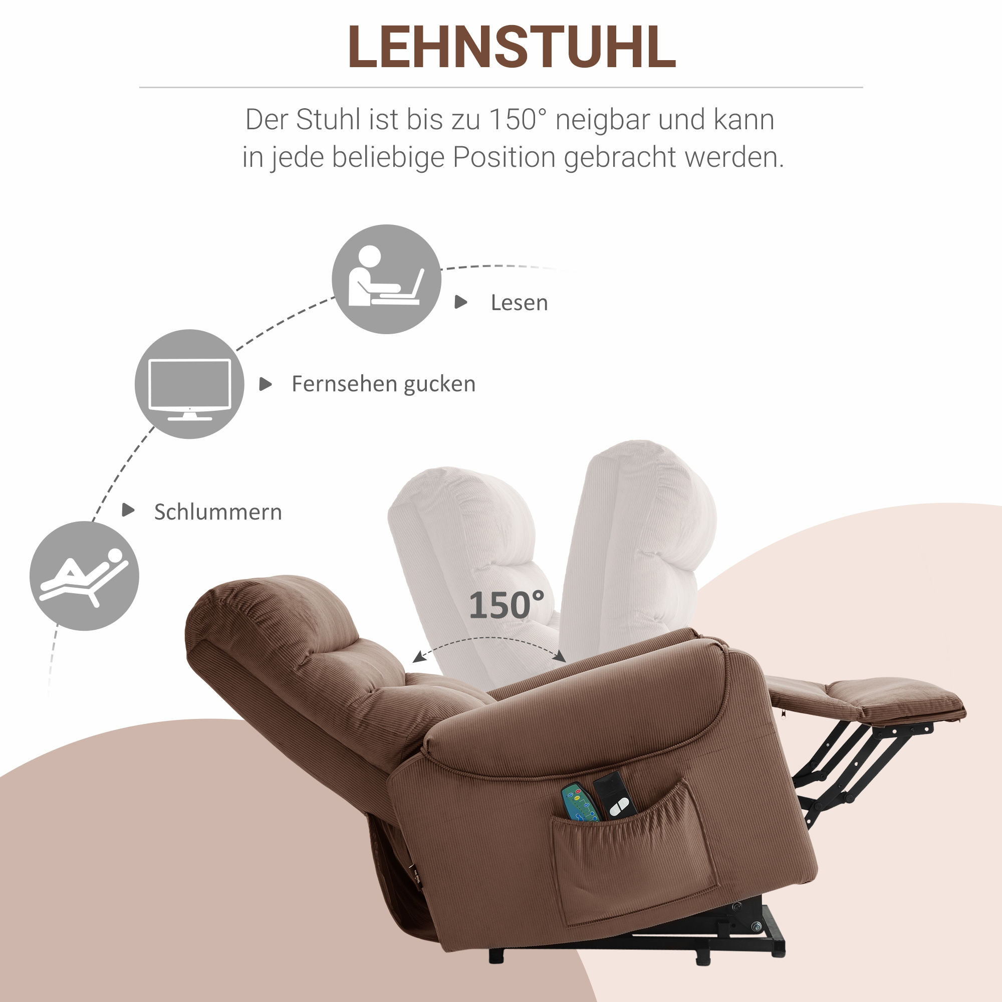 HOMCOM tv-stoel met massagefunctie opstahulp afstandsbediening, verwarming elektrisch ligfunctie polyester stof metaal lichtbruin 79 x 97 x 103 cm