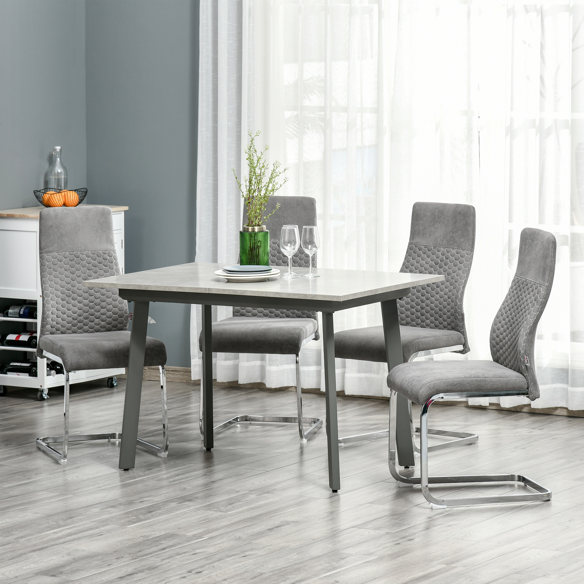 HOMCOM Set van 4 sledestoelen, 4-delige keukenstoelen, microvezel, 45 x 61 x 98 cm, grijs