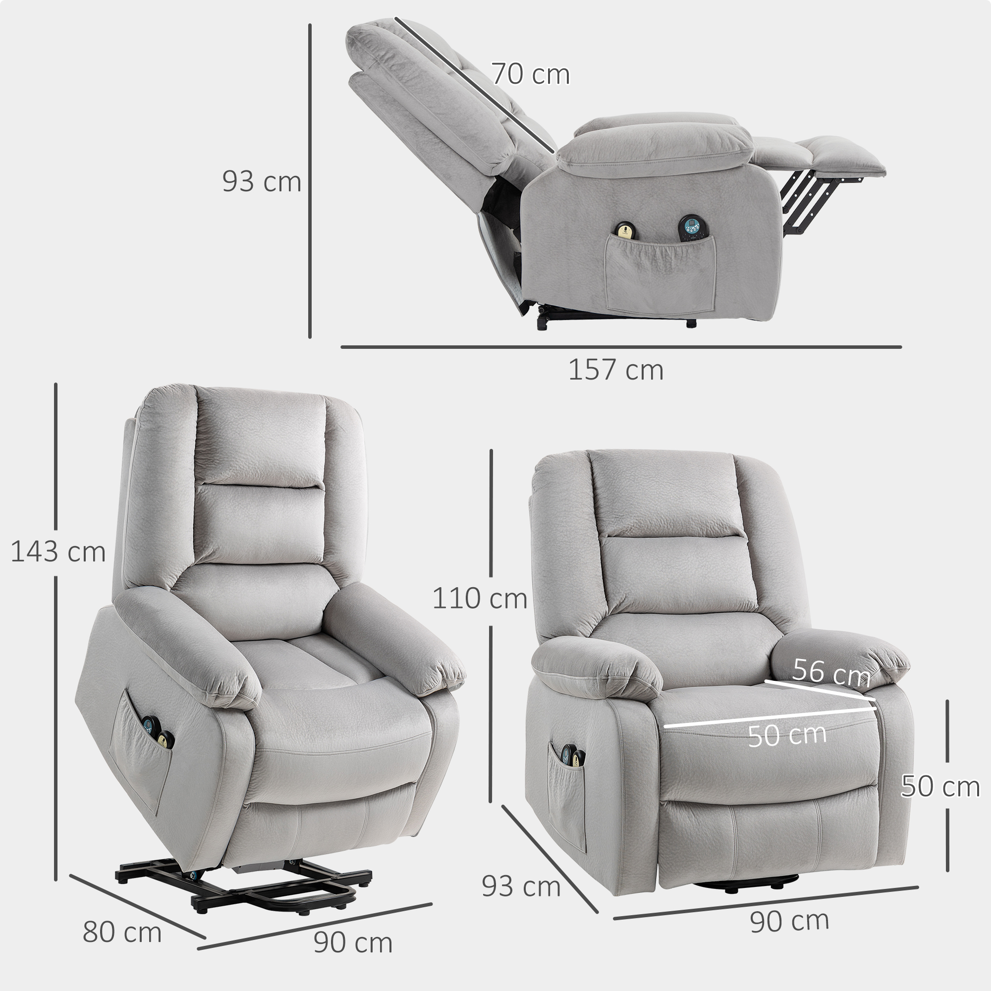 HOMCOM Opstaan Stoel met Massagefunctie, 90x93x110cm, Lichtgrijs