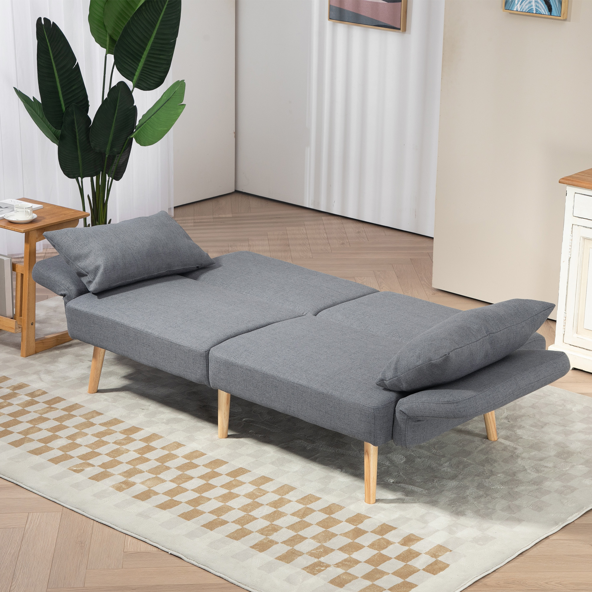 HOMCOM 3-Zits Slaapbank, Gasten Tweepersoonsbed, tot 240 kg, Opklapbare Leuningen, Houten Frame, 170 x 83 x 80 cm, Grijs