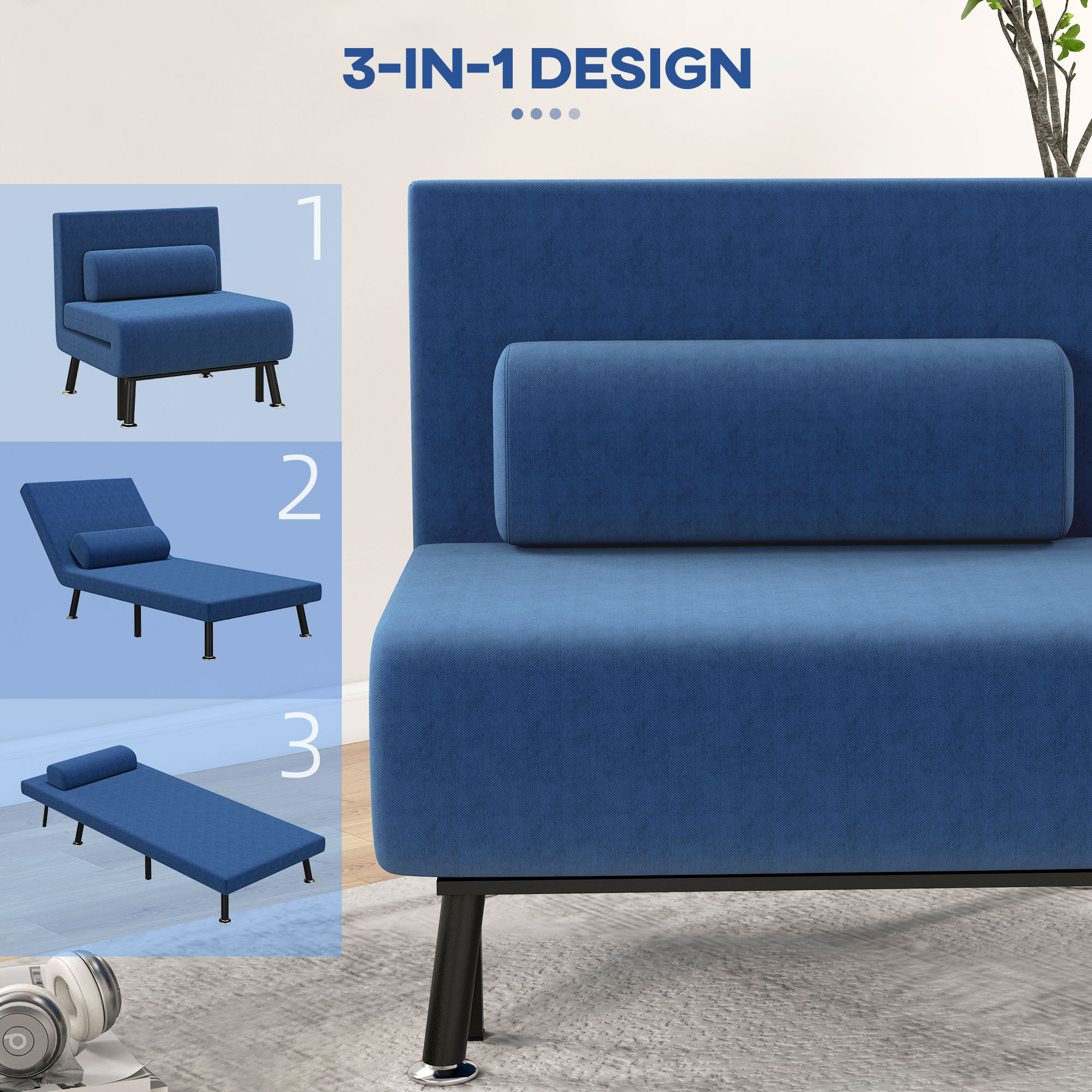 HOMCOM Slaapfauteuil, Relaxfauteuil en Logeerbed, Verstelbare Rugleuning, Afneembare Hoes, Marineblauw