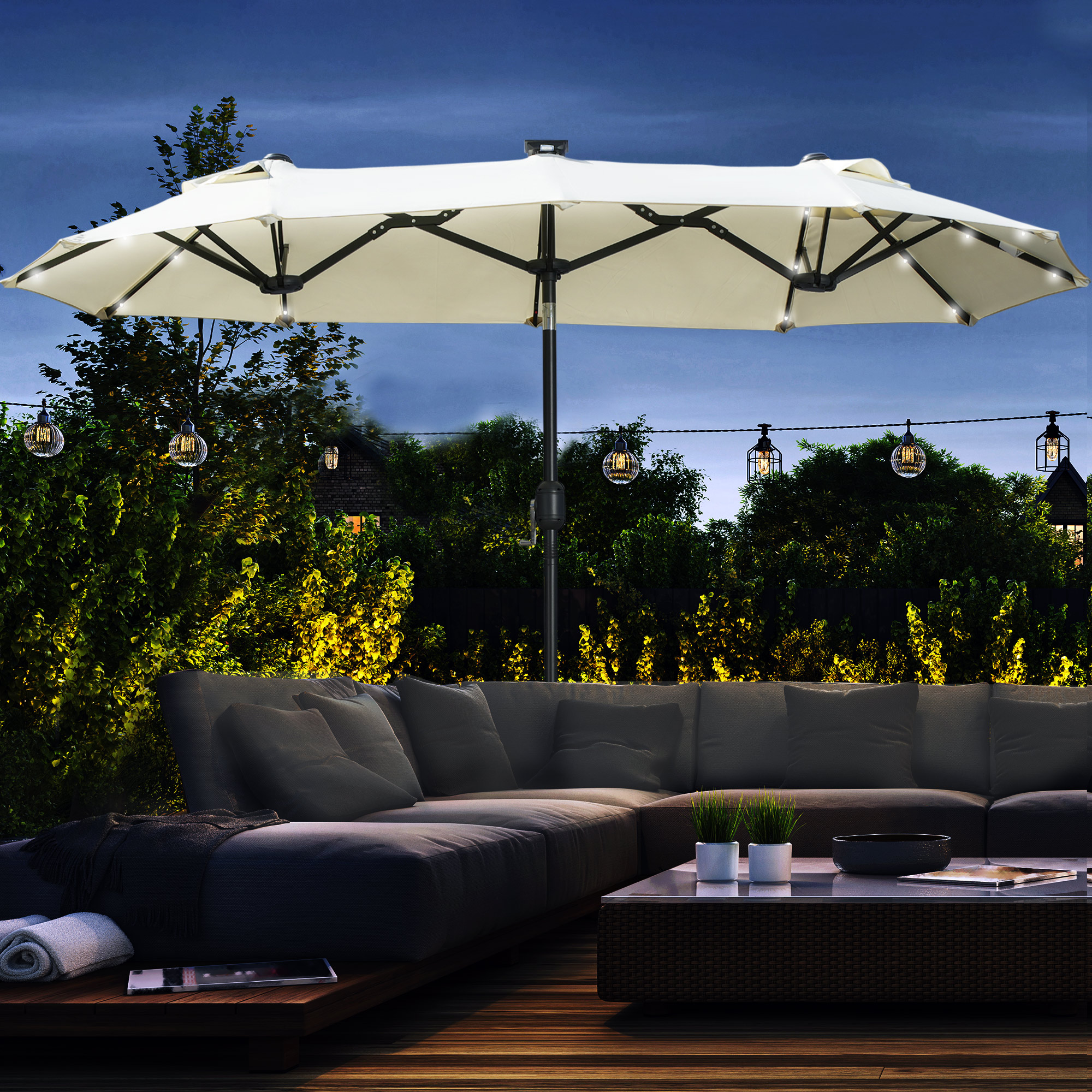 Outsunny dubbele zonwering, terrasscherm, kantelbaar, met zonnepaneel, 35 LED's, stalen frame, beige, 2,95 x 1,50 x 2,19 m
