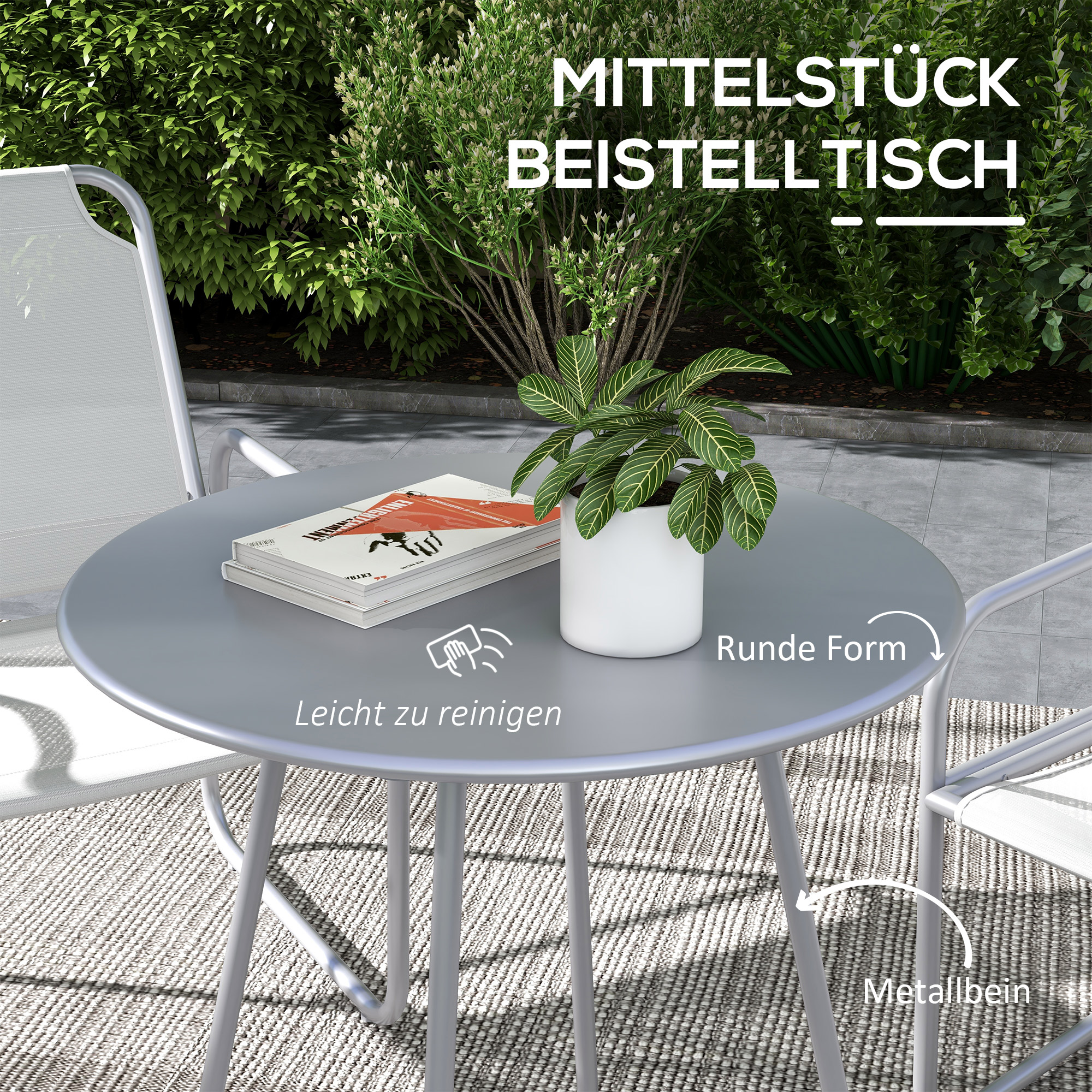 Outsunny 3-delige tuinmeubelset, 2 stoelen met ademende stoffen bekleding, 1 ronde tafel Ø60 cm, Lichtgrijs
