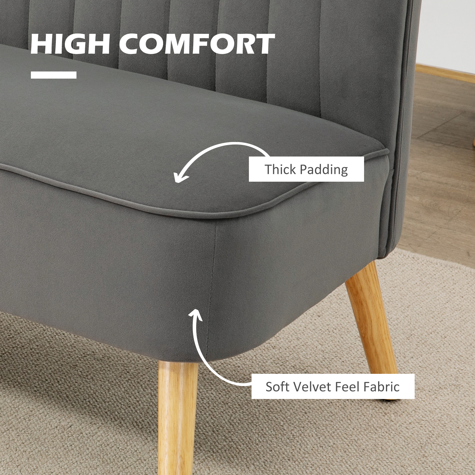 HOMCOM Sofa Retrodesign 2-zitsbank, houten poten, 117 cm x 56,5 cm x 77 cm, Donkergrijs