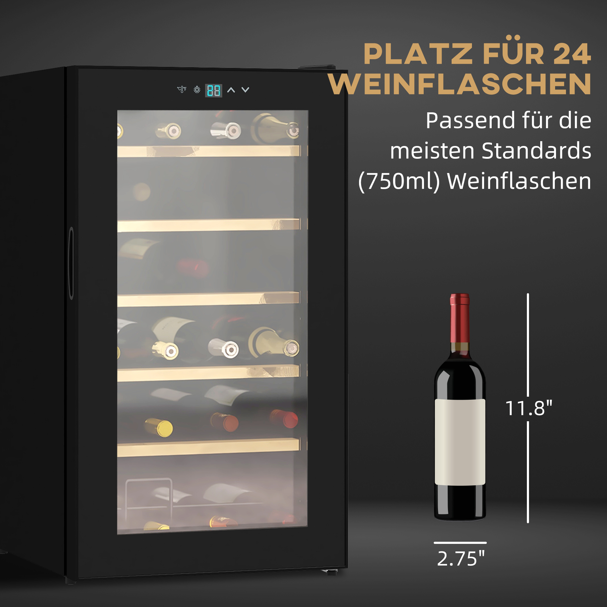 HOMCOM Wijnkoelkast voor 24 flessen, instelbare temperatuur van 5 tot 20° C, LED-verlichting, zwart, 43 x 45 x 75 cm