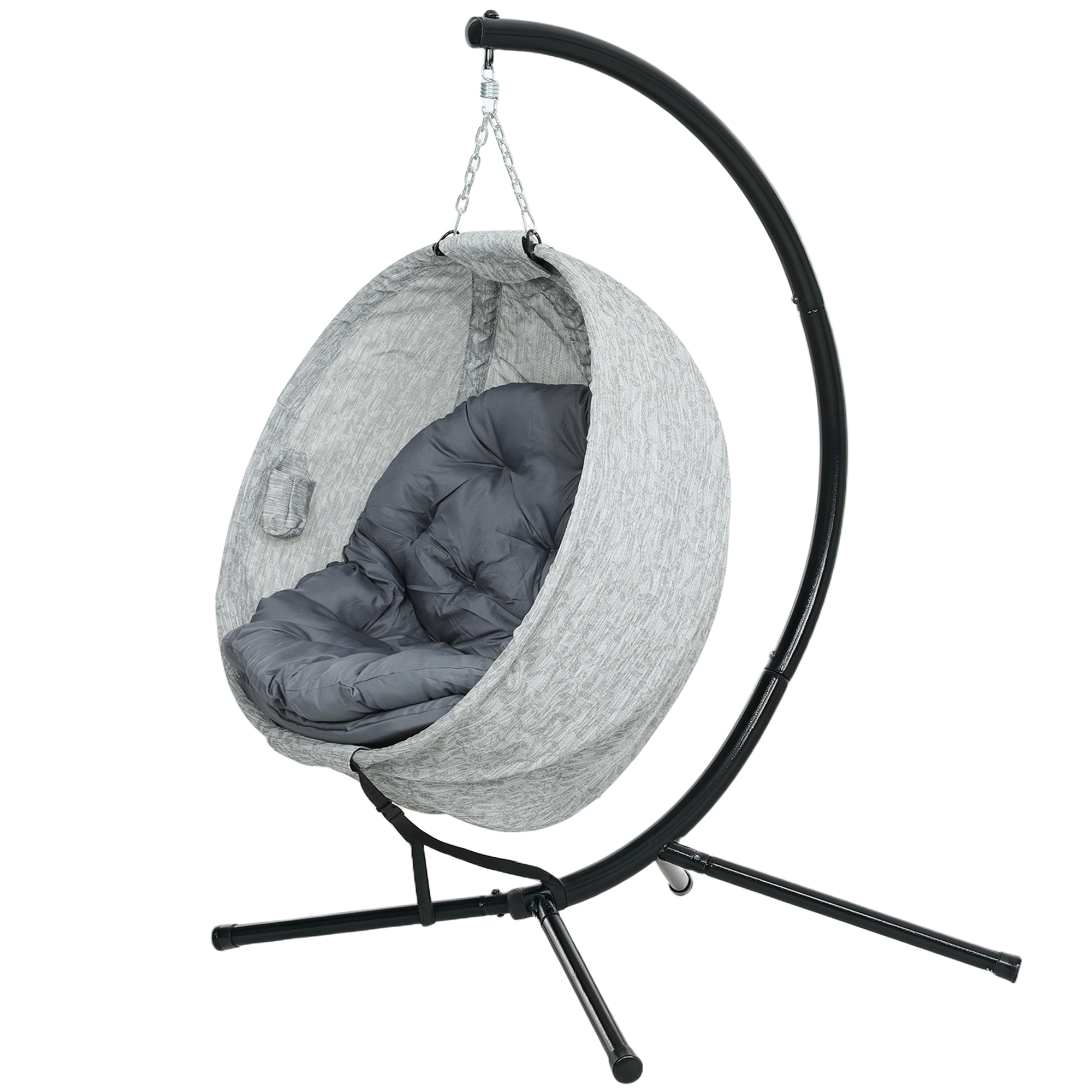 Outsunny Ei-vormige Hangmand, Hangstoel met Schommelfunctie en Opvouwbare Mand, Tuinstoel, Bekerhouder, Grijs