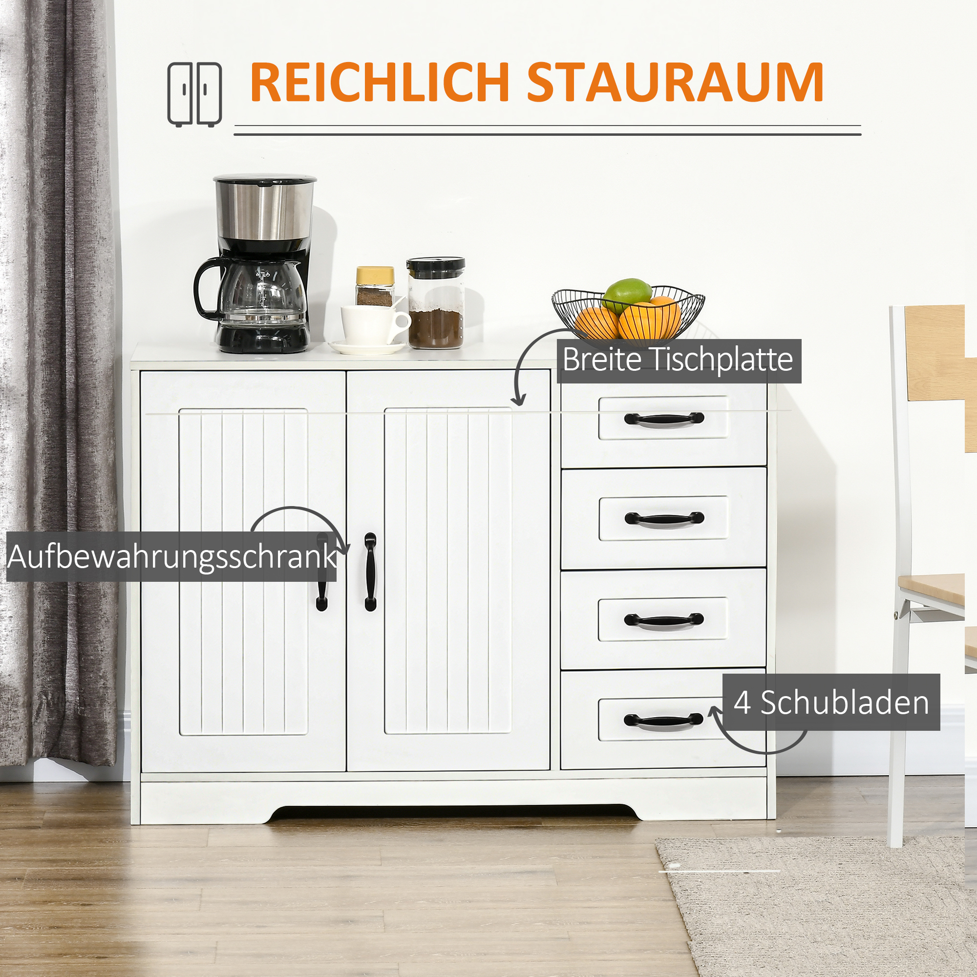 HOMCOM Sideboard Dressoir, Modern Stijl, 4 Lades, 1 Kast, 105 cm x 40 cm x 76 cm, Wit