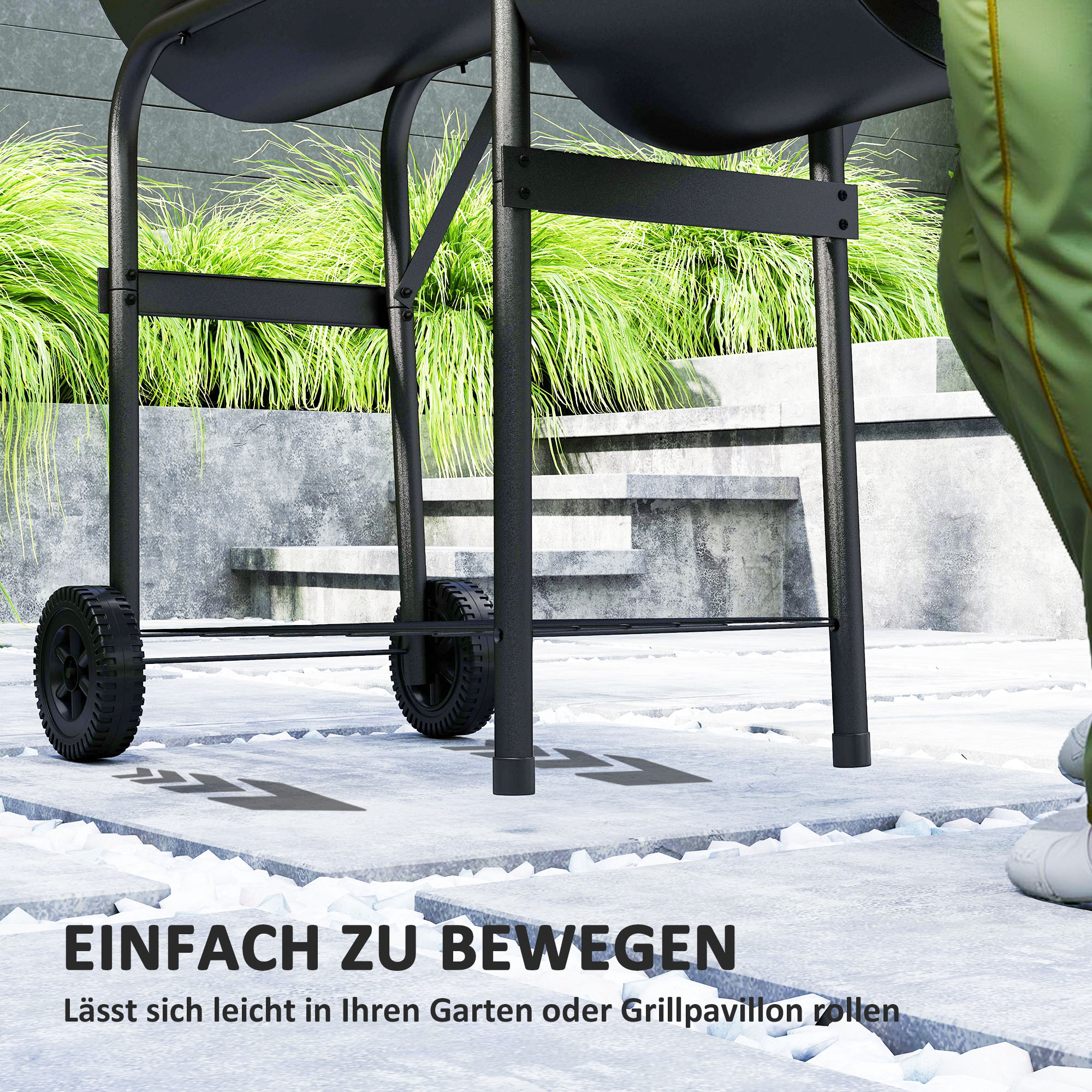 Outsunny Stalen Houtskoolgrill BBQ Smoker met Deksel, Thermometer, Wielen, Luchttoevoer, Kolenbak