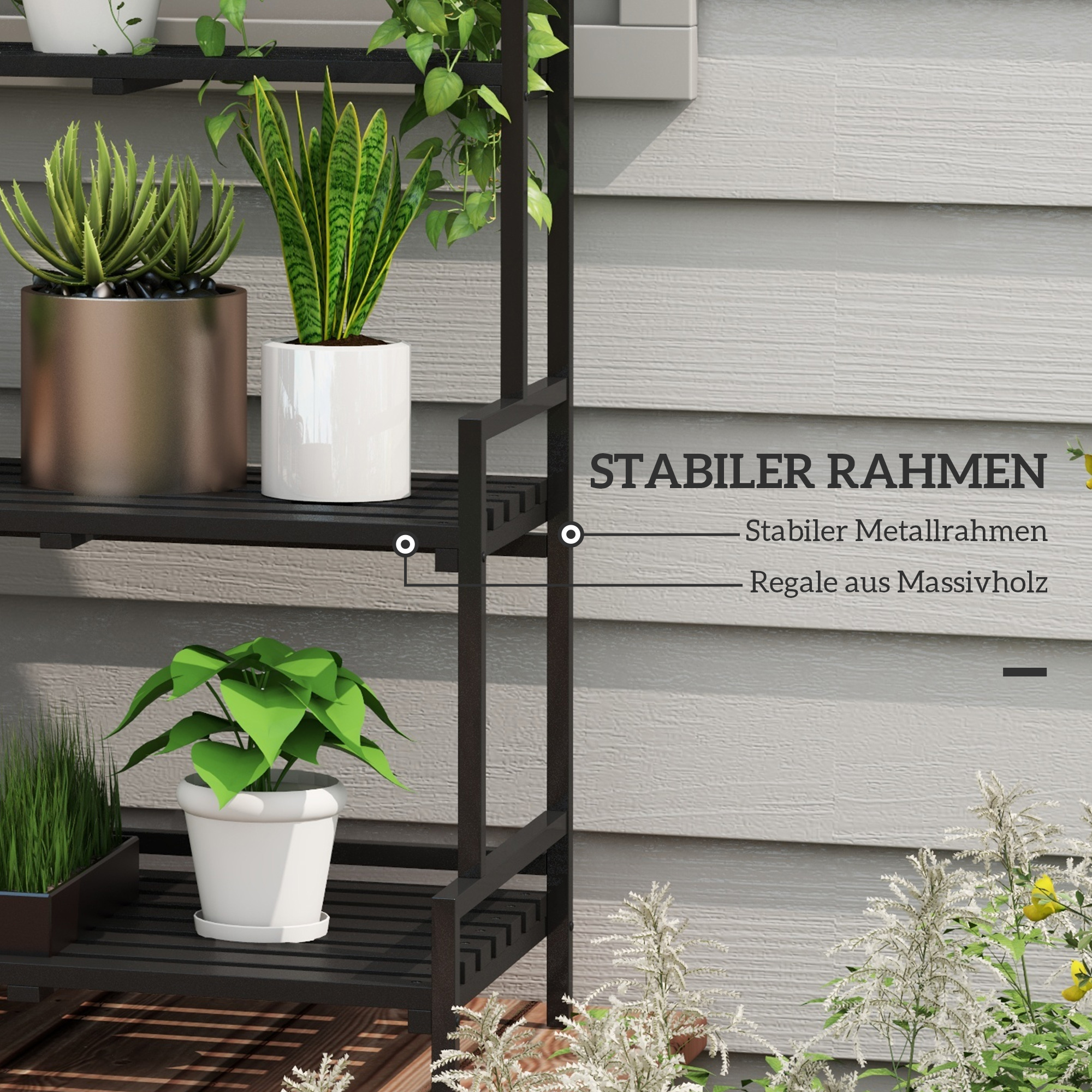 Outsunny Bloemenstandaard, 3 niveaus, 6 haken, voor binnen en buiten, metalen frame, 170H x 110L x 50B cm, zwart