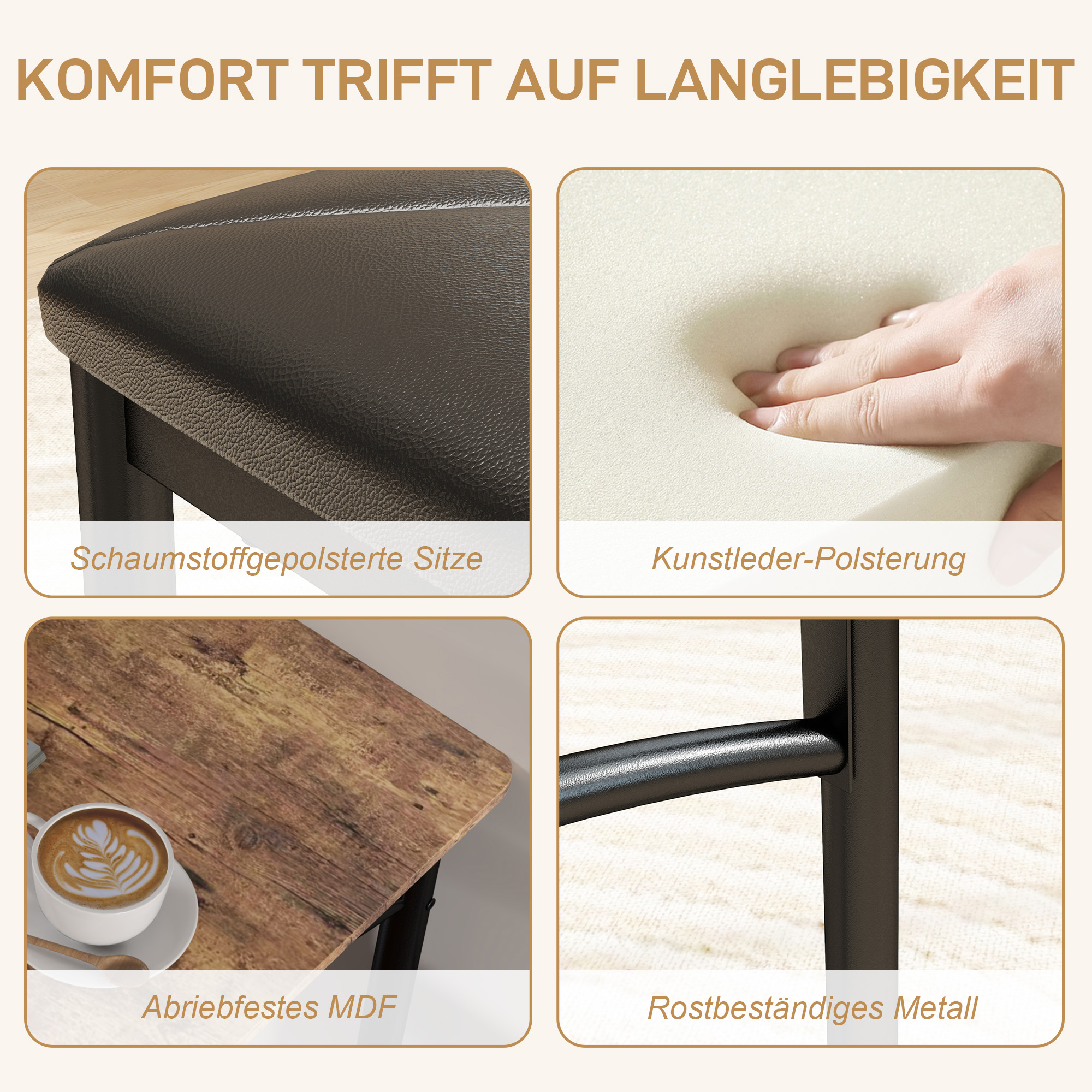 HOMCOM 4-Delige Eetkamerset, Ruimtebesparende Set met Tafel, 2 Stoelen en Bank voor Kleine Ruimtes, Metaal, Hout, Bruin