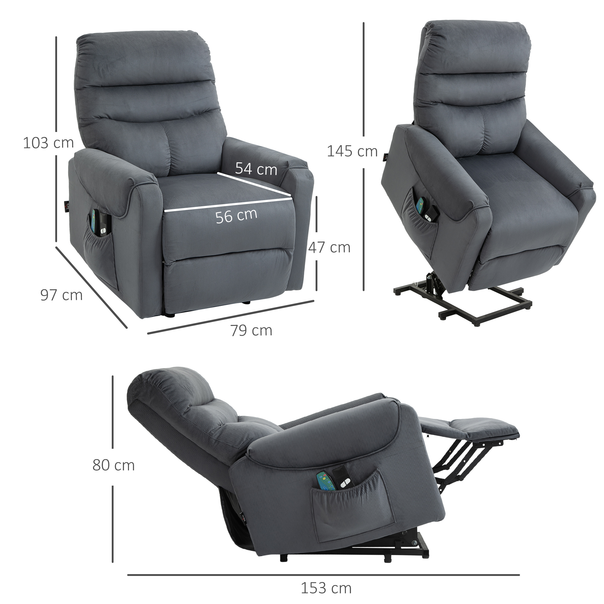 HOMCOM tv-stoel met massagefunctie opstahulp afstandsbediening, verwarming elektrisch ligfunctie polyester stof metaal donkergrijs 79 x 97 x 103 cm