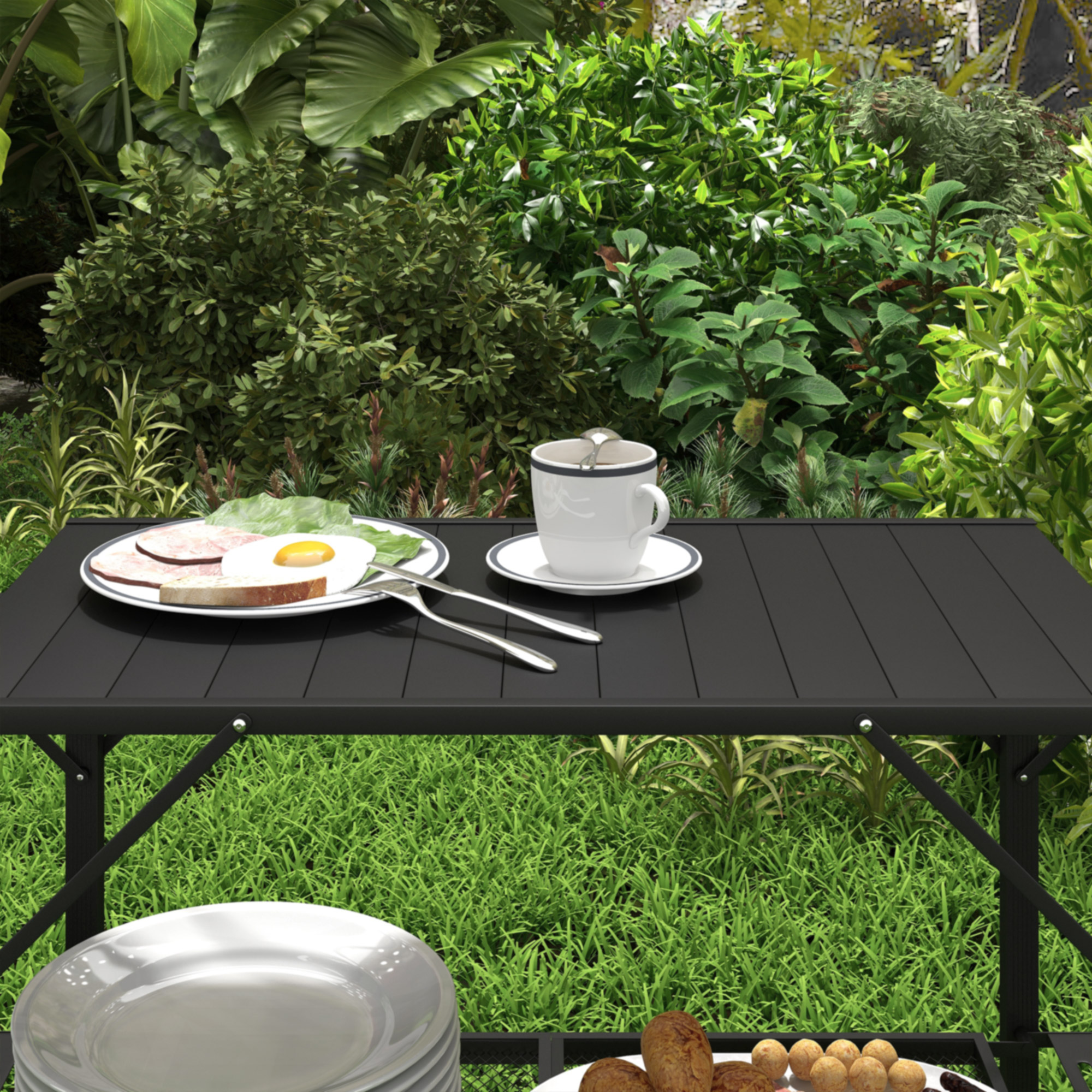 Outsunny Campingtafel Picknicktafel Buitenkeukenkast, Opvouwbaar, Weerbestendig, 126 cm x 44 cm x 80 cm, Zwart