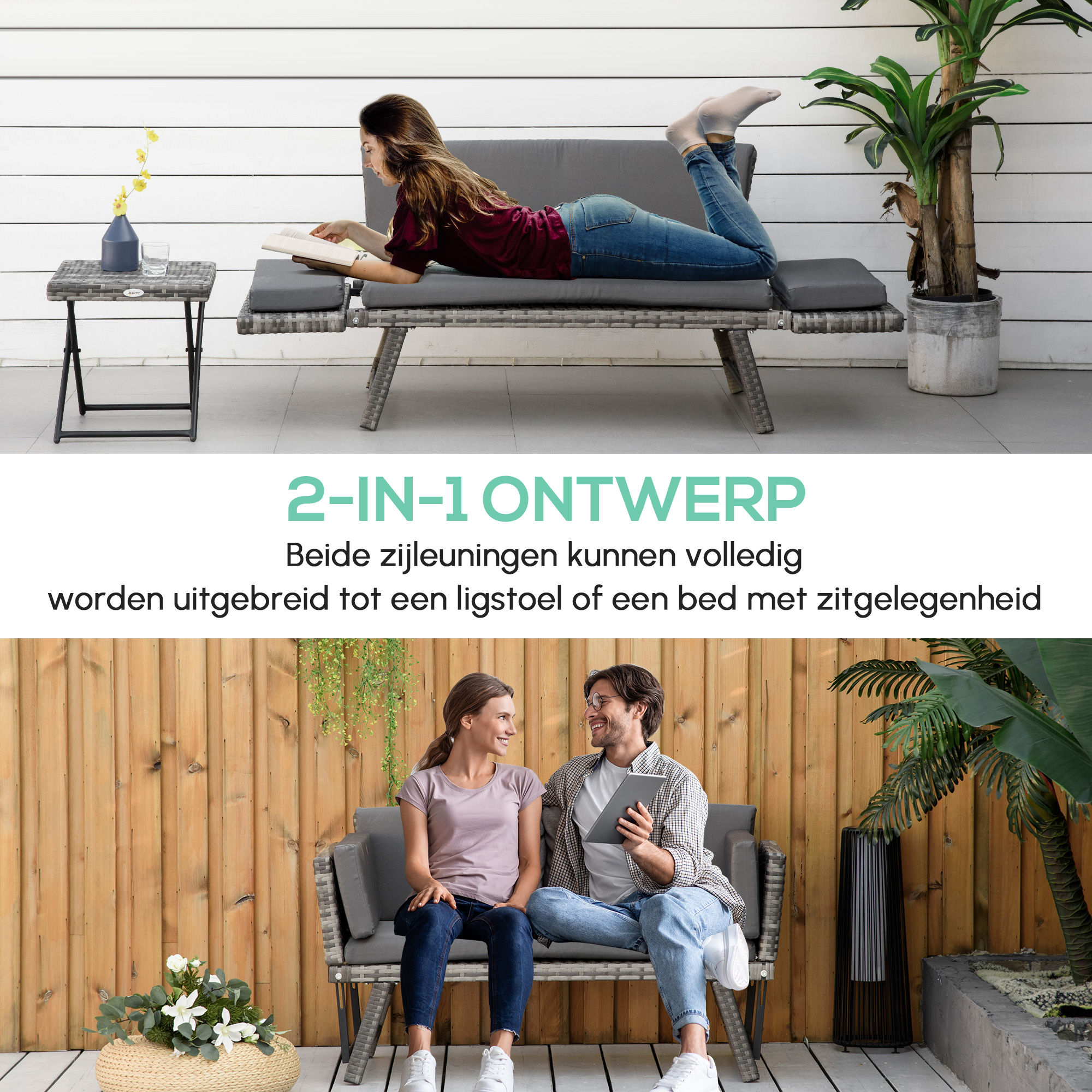 Outsunny 2-zits tuinbank met opklapbare armleuningen, grijs 129 x 66 x 67 cm