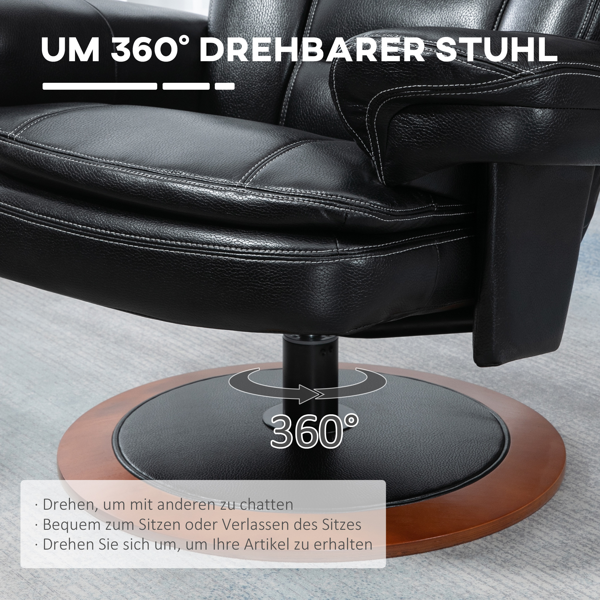 HOMCOM Fauteuil met voetenbank, relaxfauteuil, 360° draaibaar, verstelbare rugleuning, zwart+bruin