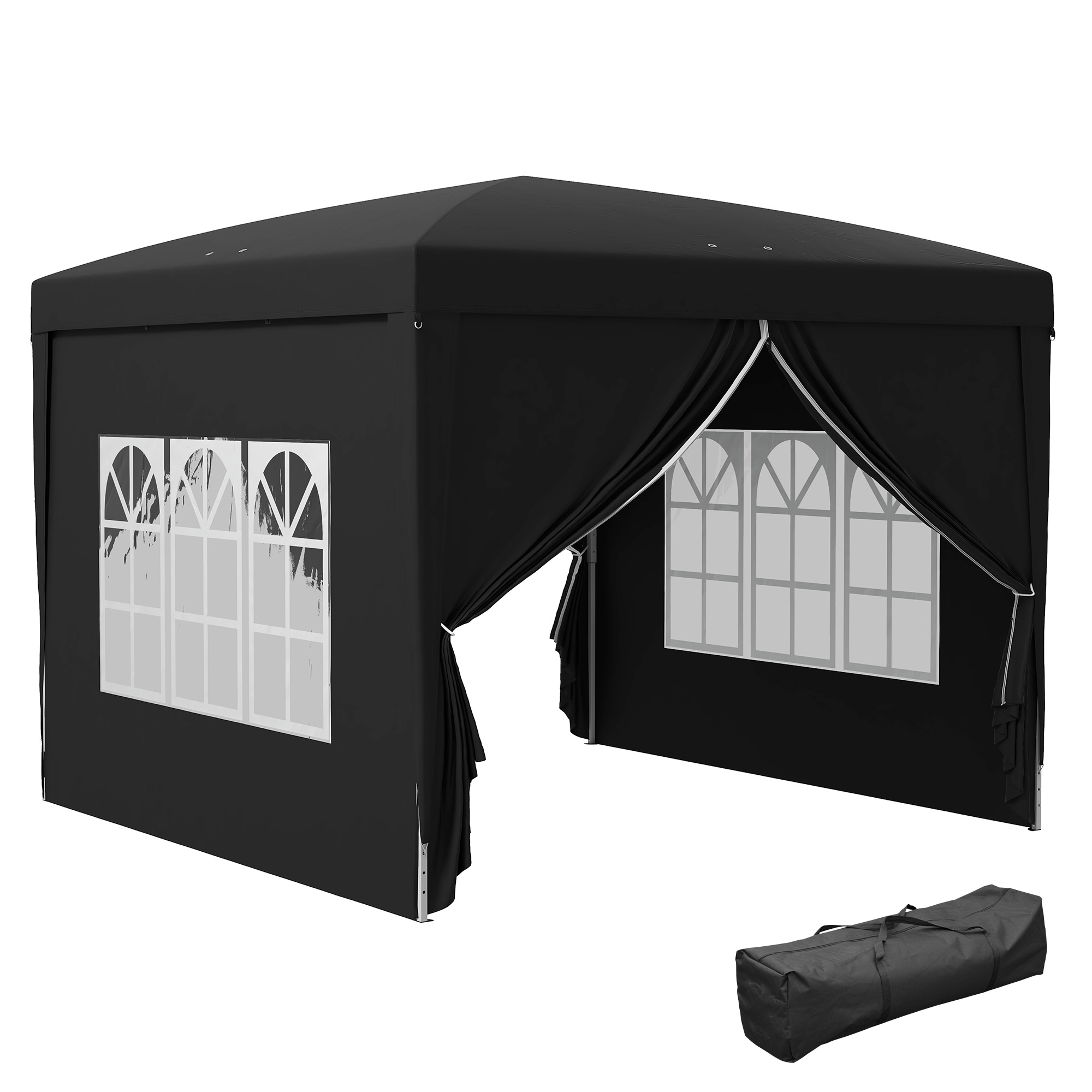 Outsunny 3 x 3 m Paviljoen met 4 Zijwanden, Ramen, Feesttent met UV-Bescherming, Tuinpaviljoen incl. Draagtas, Staal, Zwart