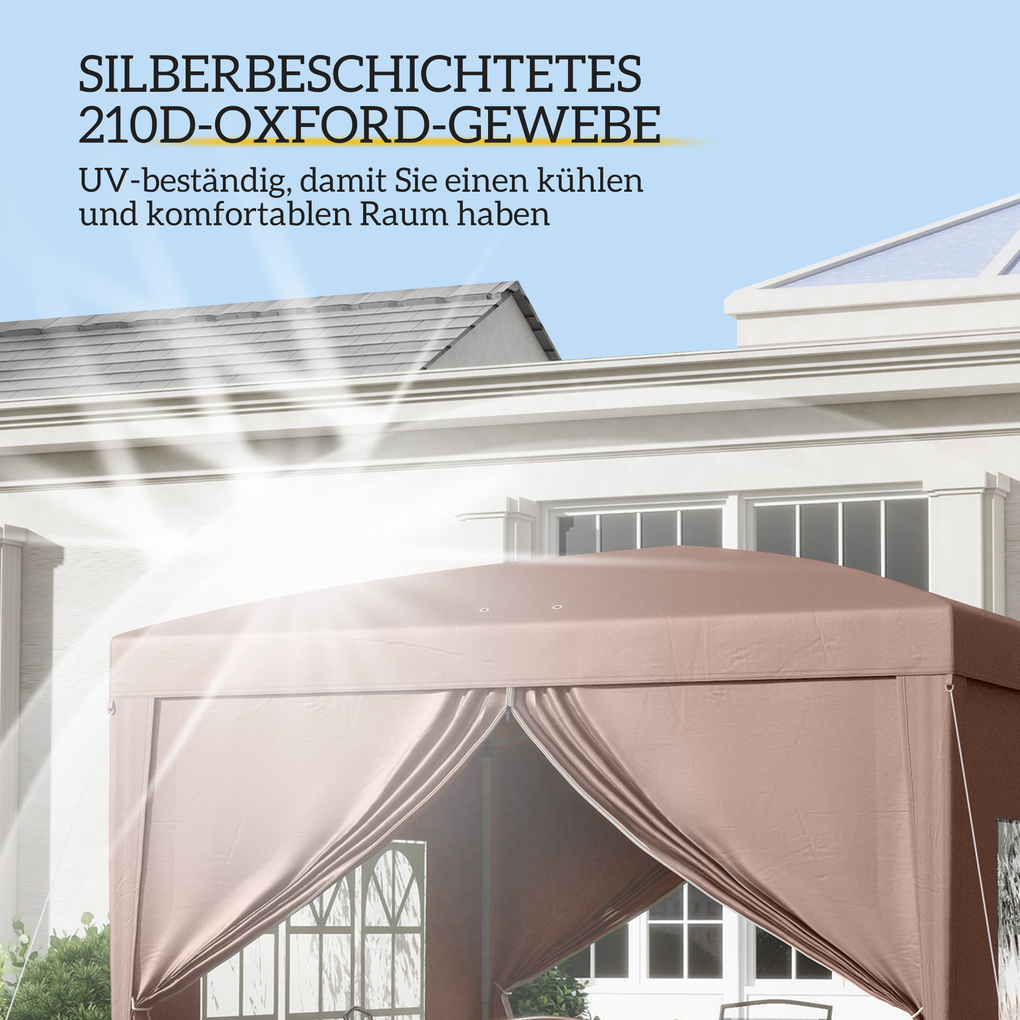 Outsunny 3 x 3 m Paviljoen met 4 zijwanden, ramen, feesttent met UV-bescherming, tuinpaviljoen incl. draagtas, Staal, Koffie