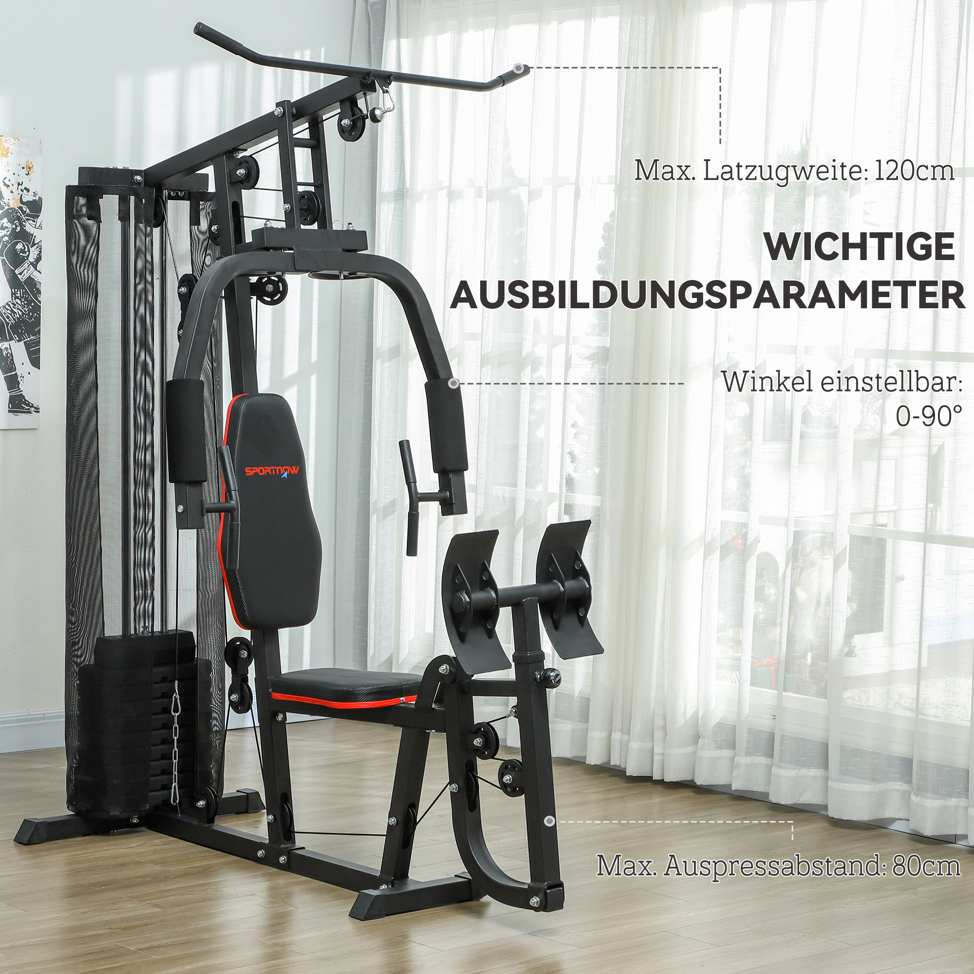 SPORTNOW Thuis Fitnessstation met 45 kg Gewichtsblokken, Lat Pulley, Borststation, Beinpresse voor Veelzijdige Training