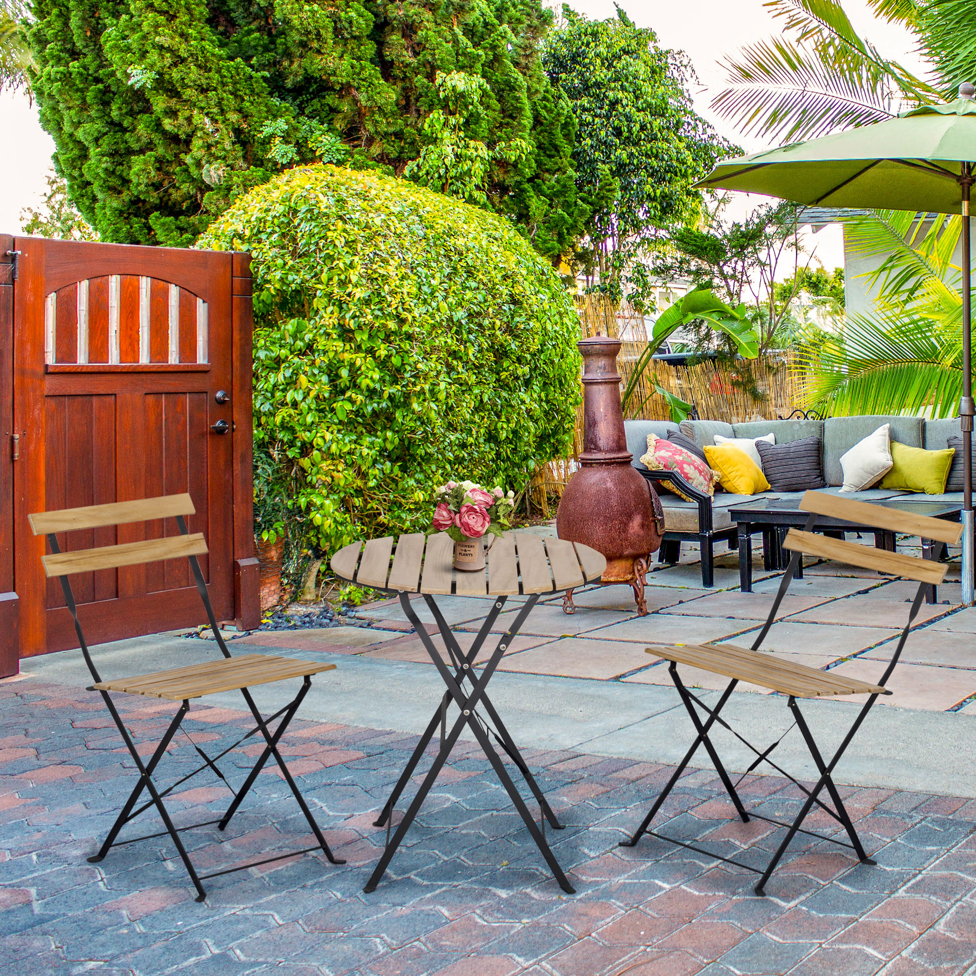 Outsunny 3-delige opvouwbare bistroset massief hout + stalen frame natuurlijke kleur