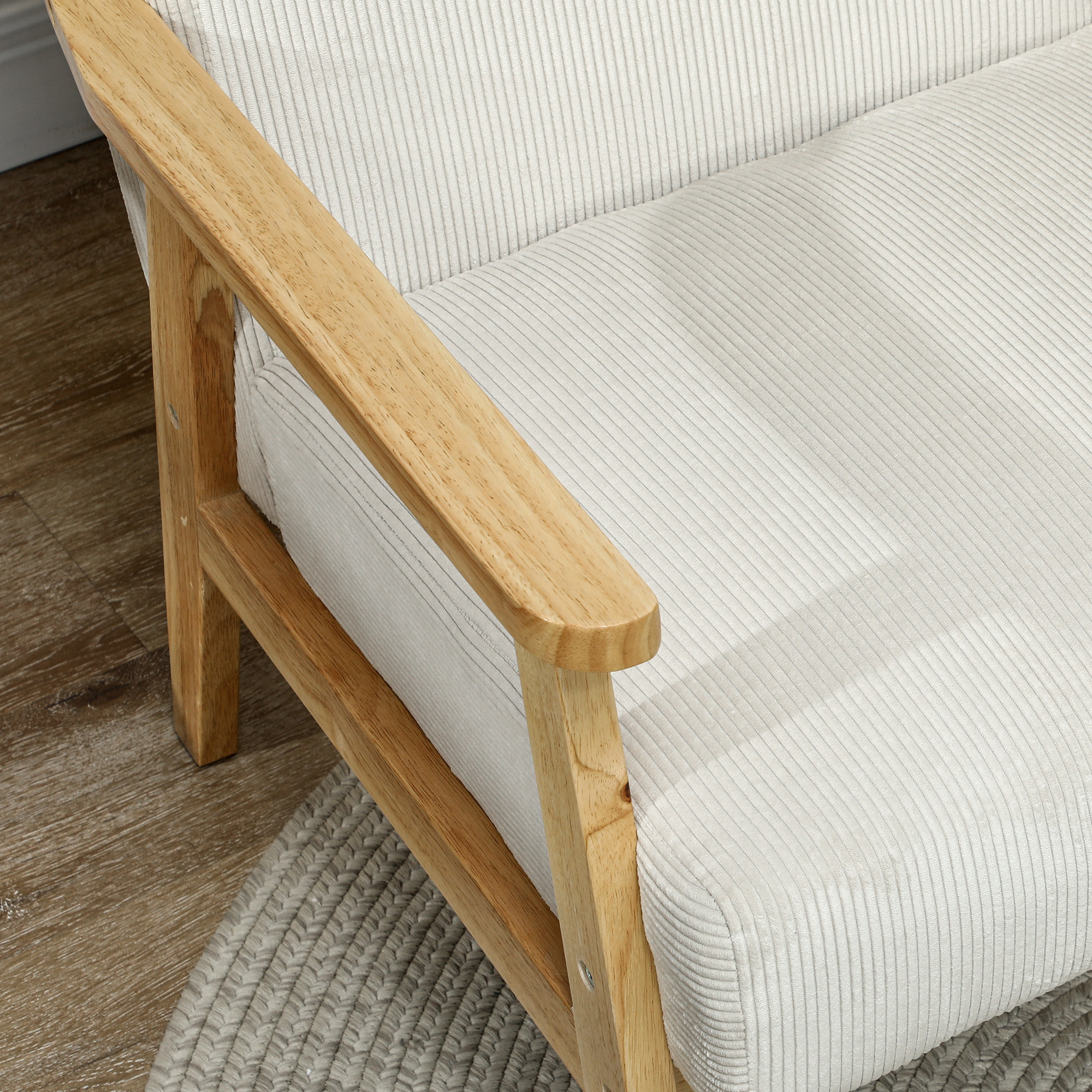 HOMCOM Moderne Fauteuil met Armleuningen, Stoffen Bekleding, van Rubberhout, Accentstoel, Draagvermogen 120 kg, Roomwit