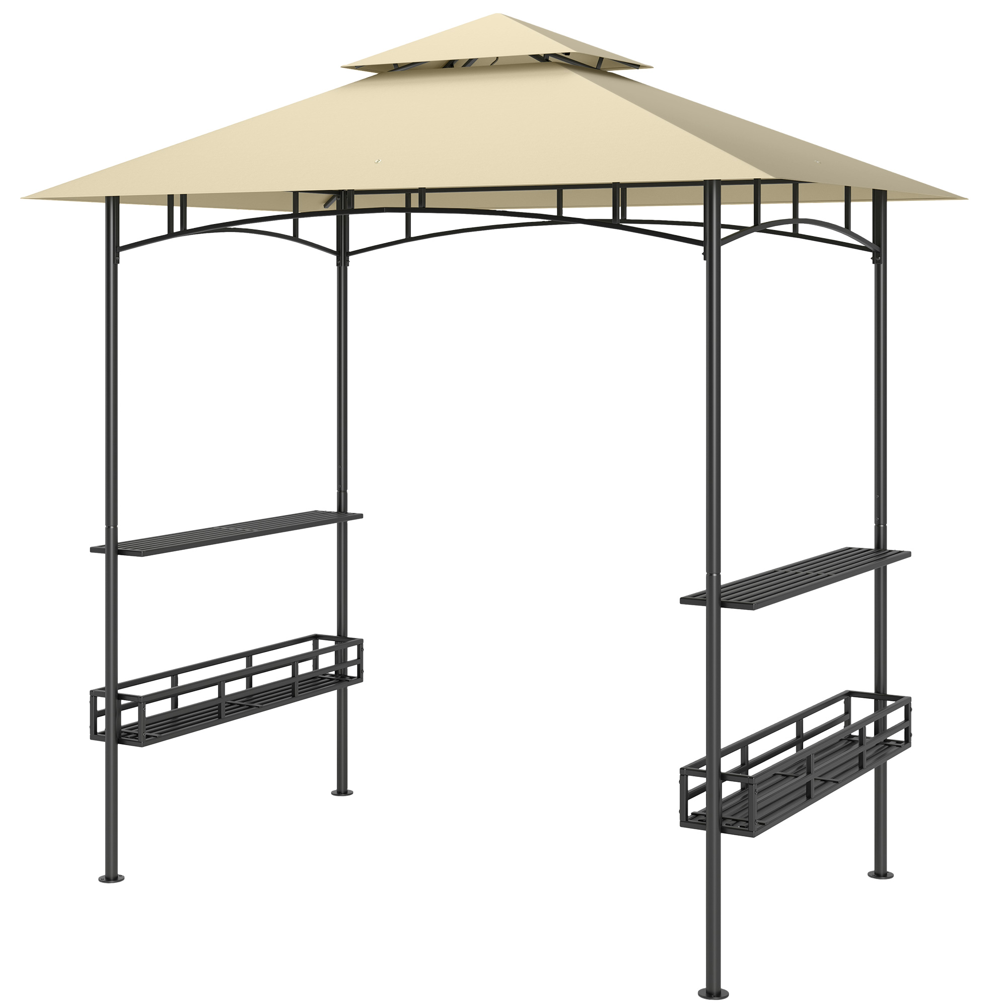 Outsunny BBQ-Tent, Grill-Tent, Tuinpaviljoen met 2 Planken, Opbergmanden, Haken, voor Terras, Beige