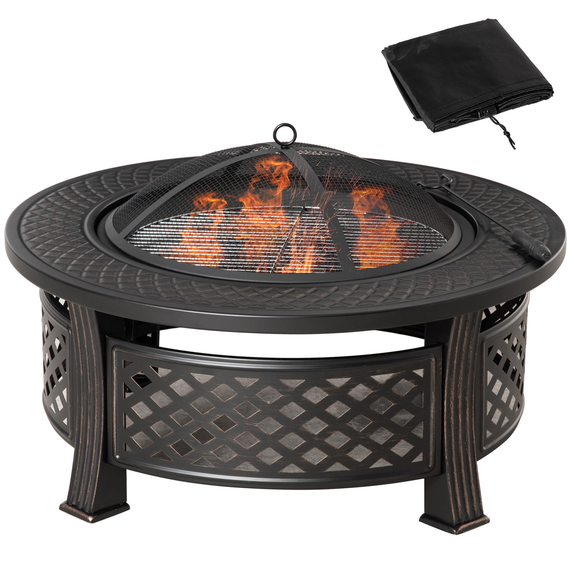 Outsunny vuurschaal met pook vonkenbescherming vuurkorf vuurtafel ronde vuurkorf voor in de tuin camping BBQ staal zwart 81 x 81 x 50 cm