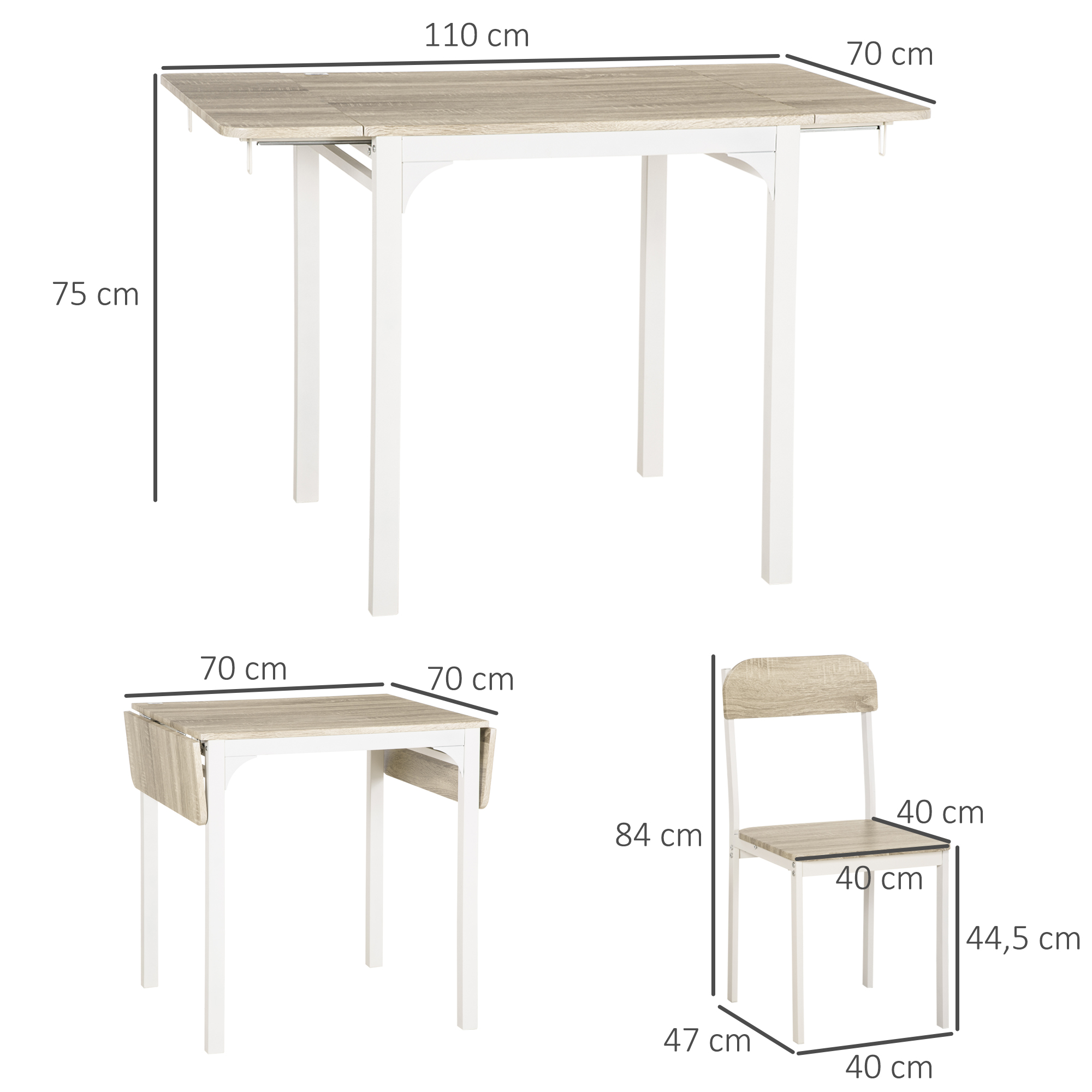 HOMCOM 3-delige Eetkamerset, Klaptafel met 2 Stoelen, 110 cm x 70 cm x 75 cm, Wit + Natuur