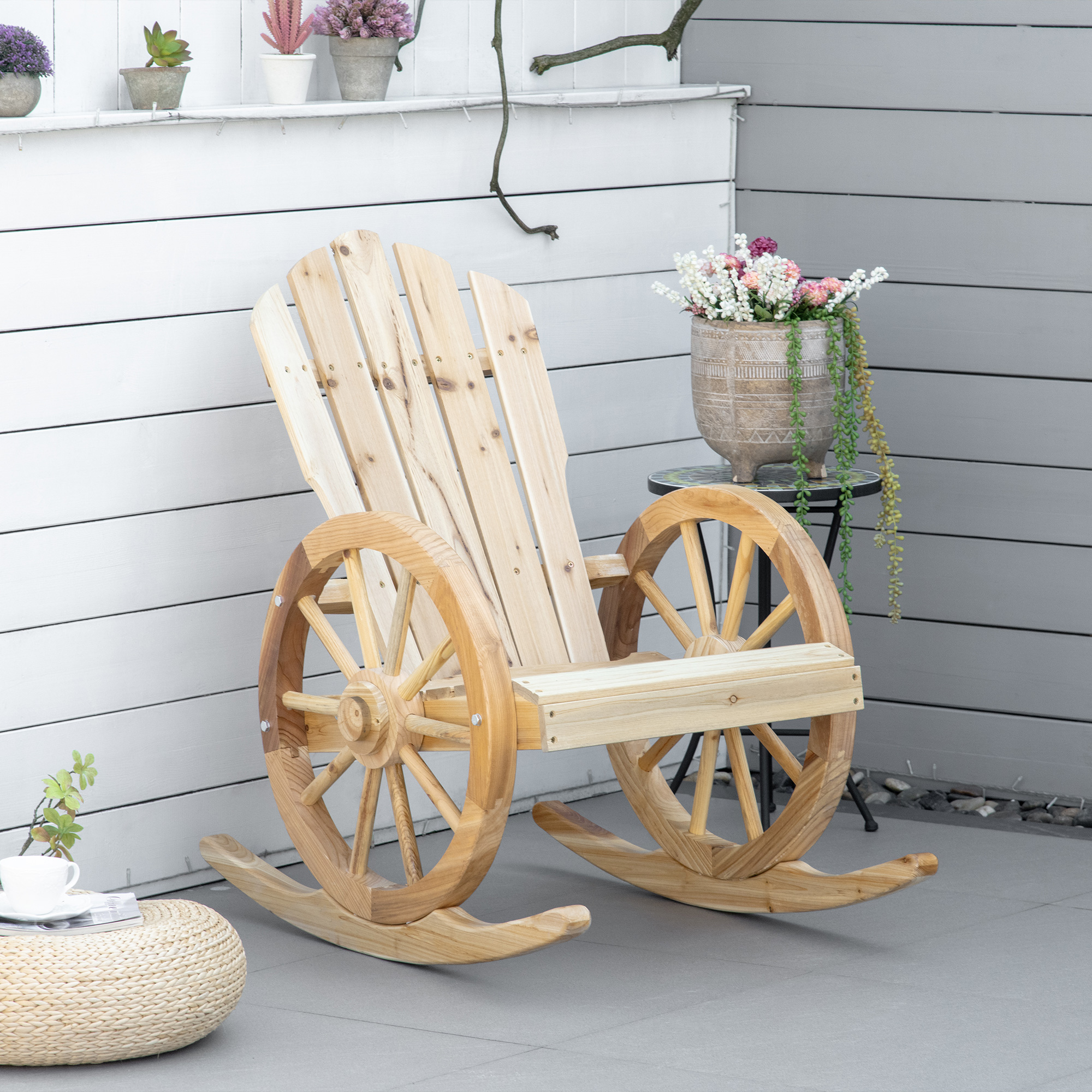 Outsunny Rustieke Schommelstoel, Tuinstoel, Wagenwiel-Design, Weerbestendig, Grenenhout, 68 x 88 x 92 cm