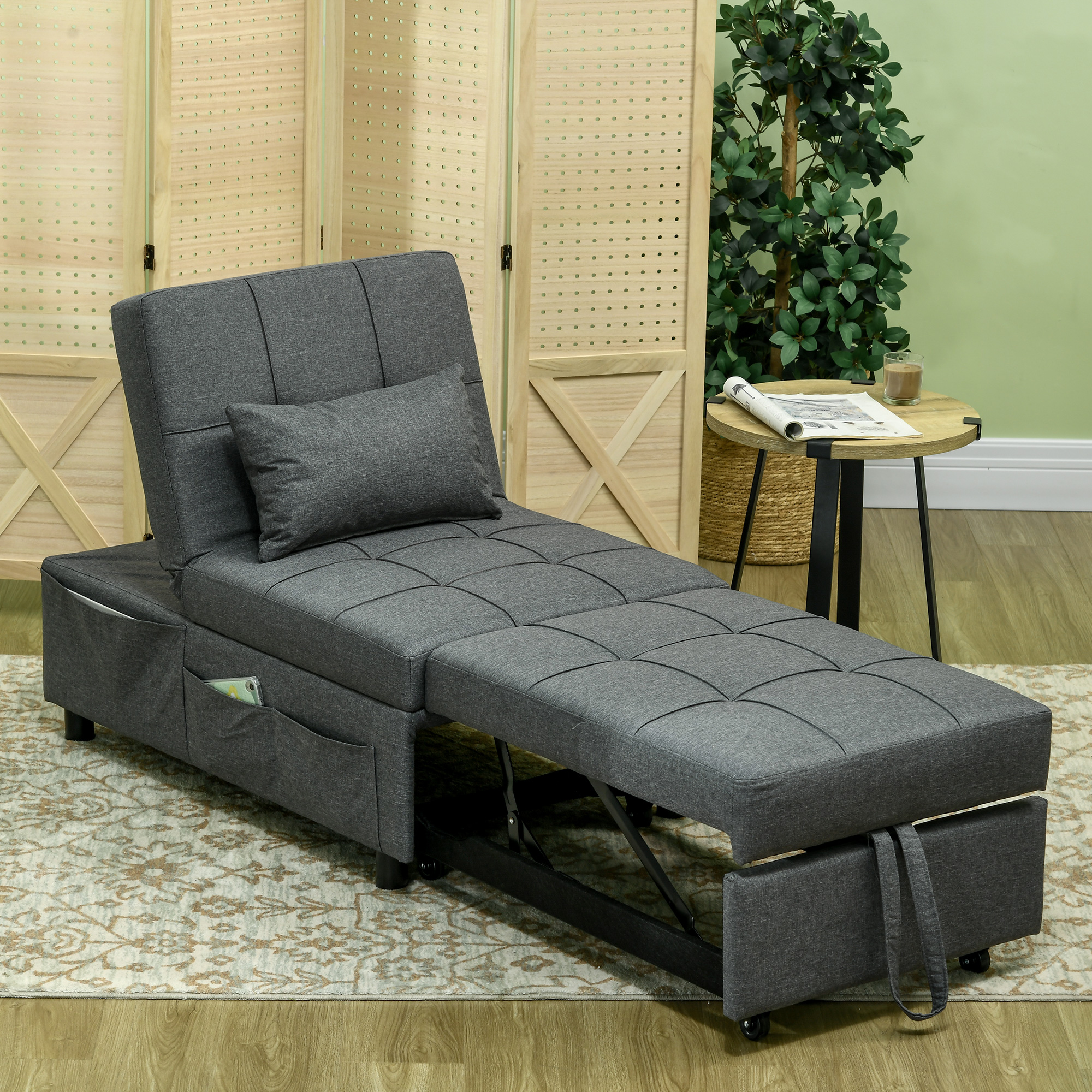 HOMCOM Ligstoel Slaapstoel 3-in-1 Stoel, linnenlook, inclusief kussen, 65,5 cm x 104 cm x 81 cm, Donkergrijs