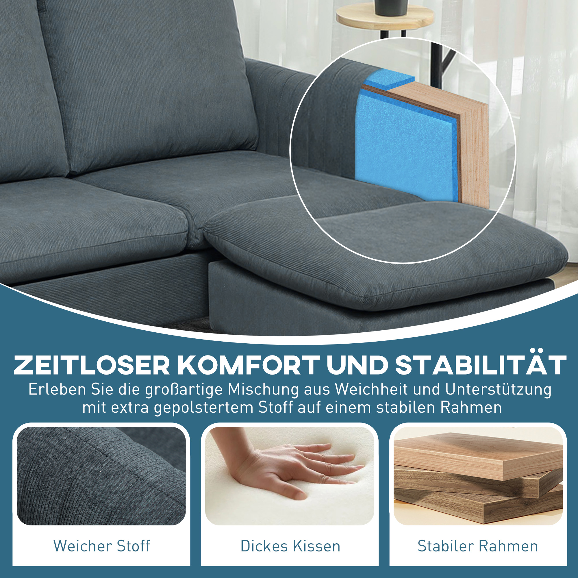 HOMCOM Hoekbank, 3-zitsbank met Voetenbank, Stoffen Bekleding, L-vormige Bankset, Donkergrijs