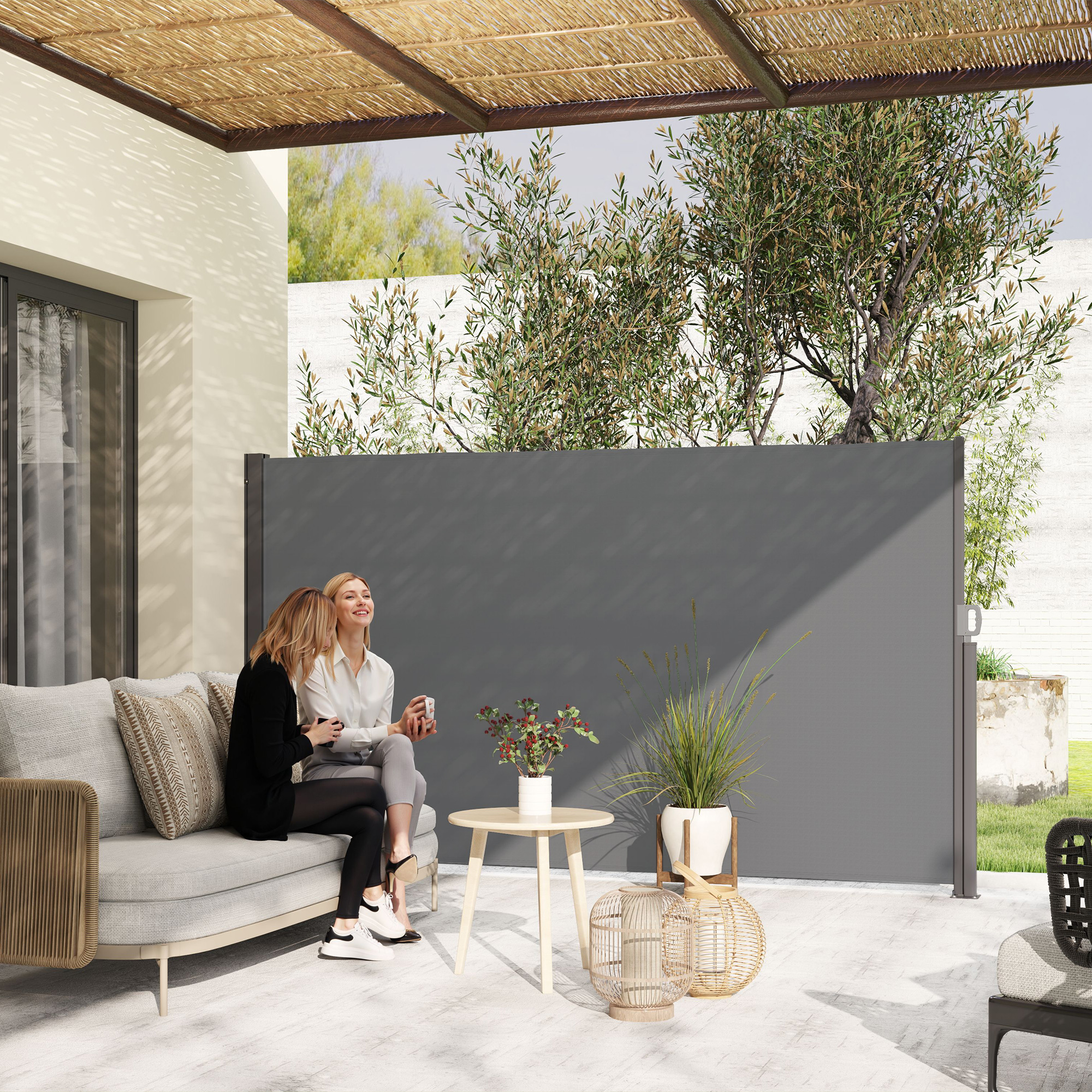 Outsunny Uittrekbare Zijluifel Privacyscherm met Muurbevestiging, UV-& waterbestendig 300x180cm in Donkergrijs