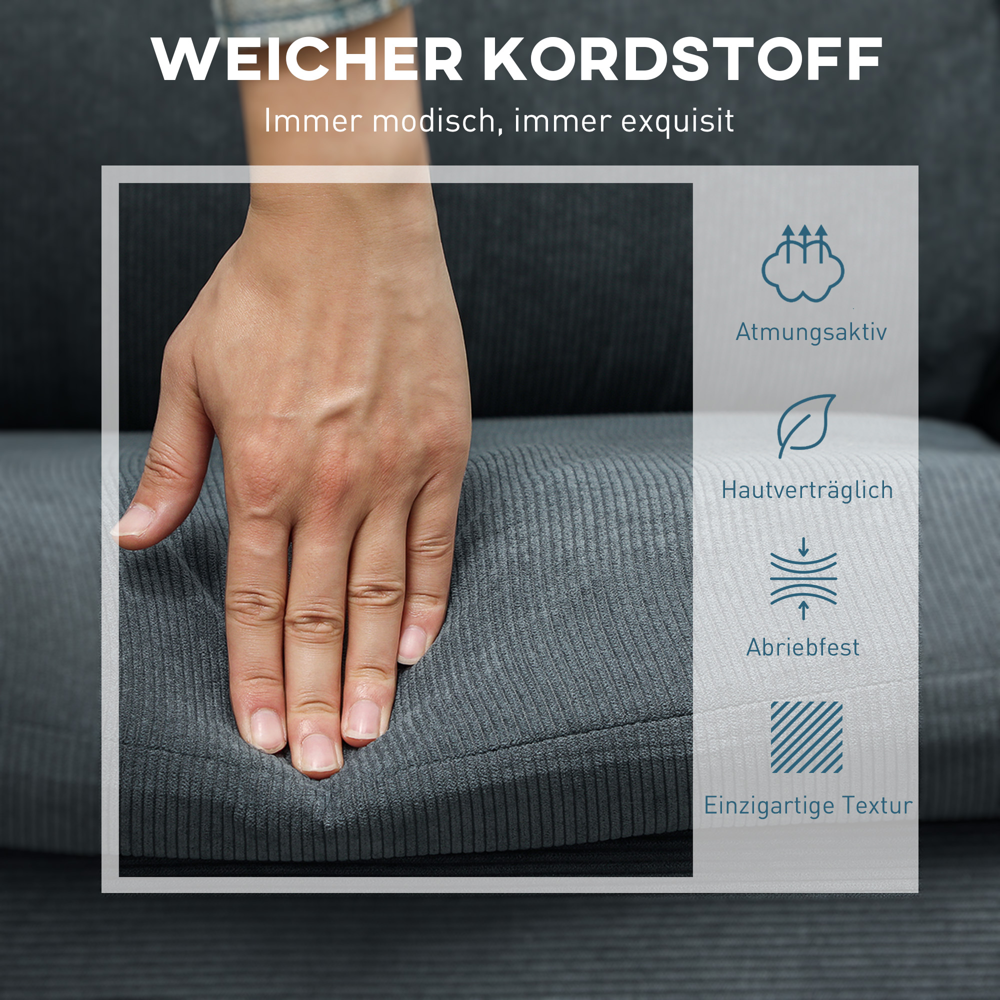 HOMCOM Hoekbank, 3-zitsbank met Voetenbank, Stoffen Bekleding, L-vormige Bankset, Donkergrijs