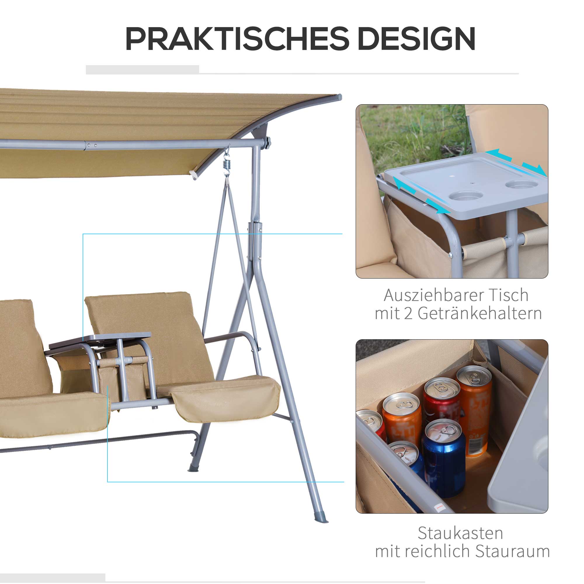 Outsunny Hollywoodschommel 2-zits tuinschommel schommel met zonnekap beige/grijs