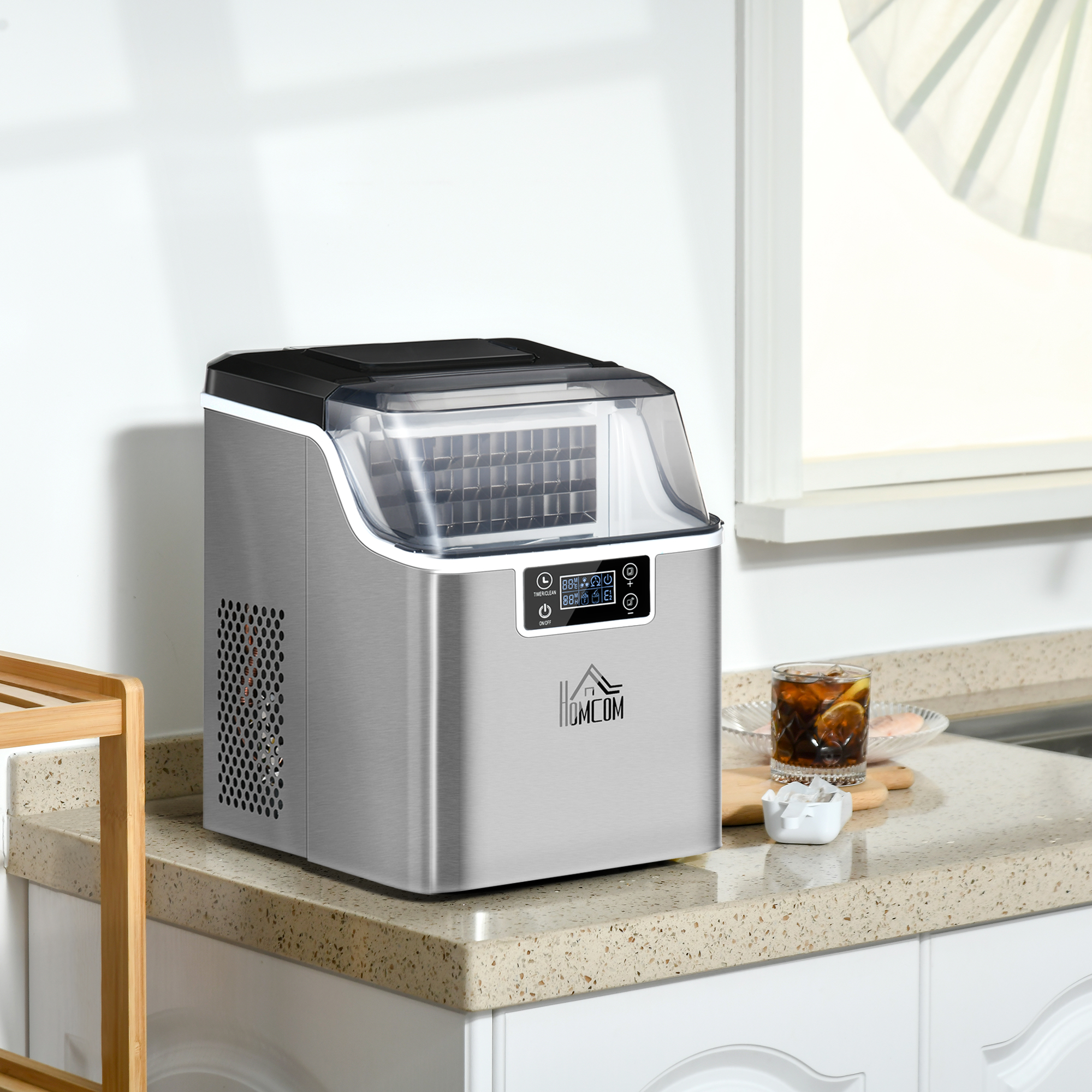 HOMCOM ijsblokjesmachine 20 kg/24u 2.3 l ijsblokjesmachine met 3.2 l waterreservoir display RVS zilver 25,2 x 36 x 37,1 cm