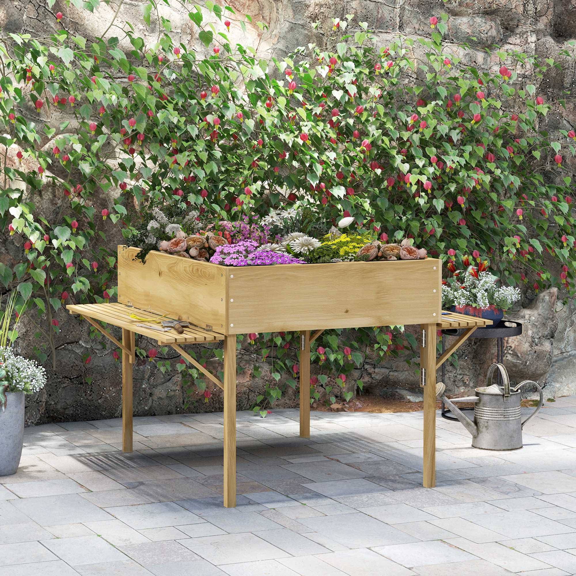 Outsunny Houten verhoogde plantenbak met 12 scheidingsroosters, inklapbare zijplanken, weerbestendig, sparrenhout, 122 x 91,5 x 89 cm