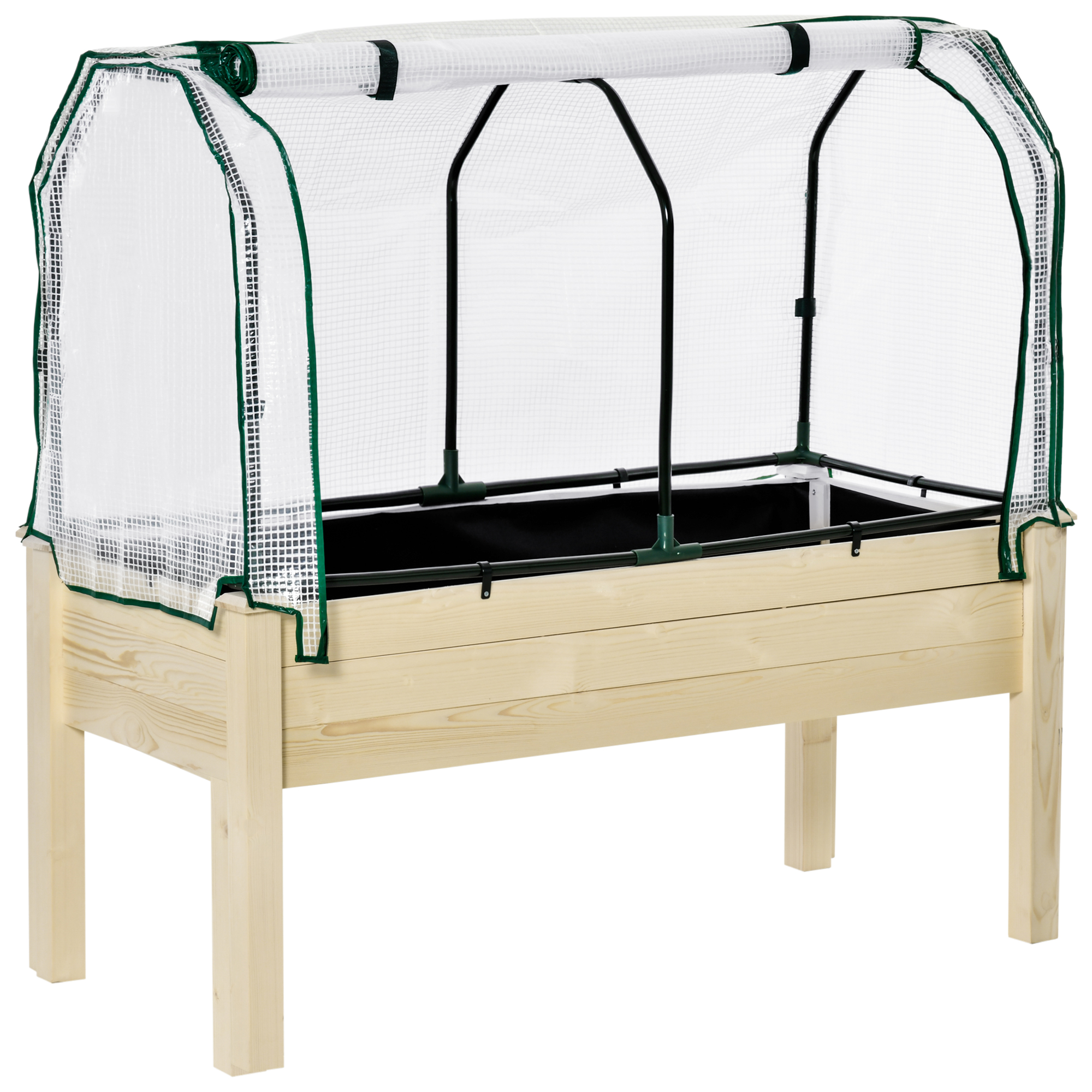 Outsunny Verhoogd Bed, Oprolbare Folieafdekking, Natuurlijk Houten Frame, Stofvoering, Afvoeropeningen, 121 x 55 x 117cm